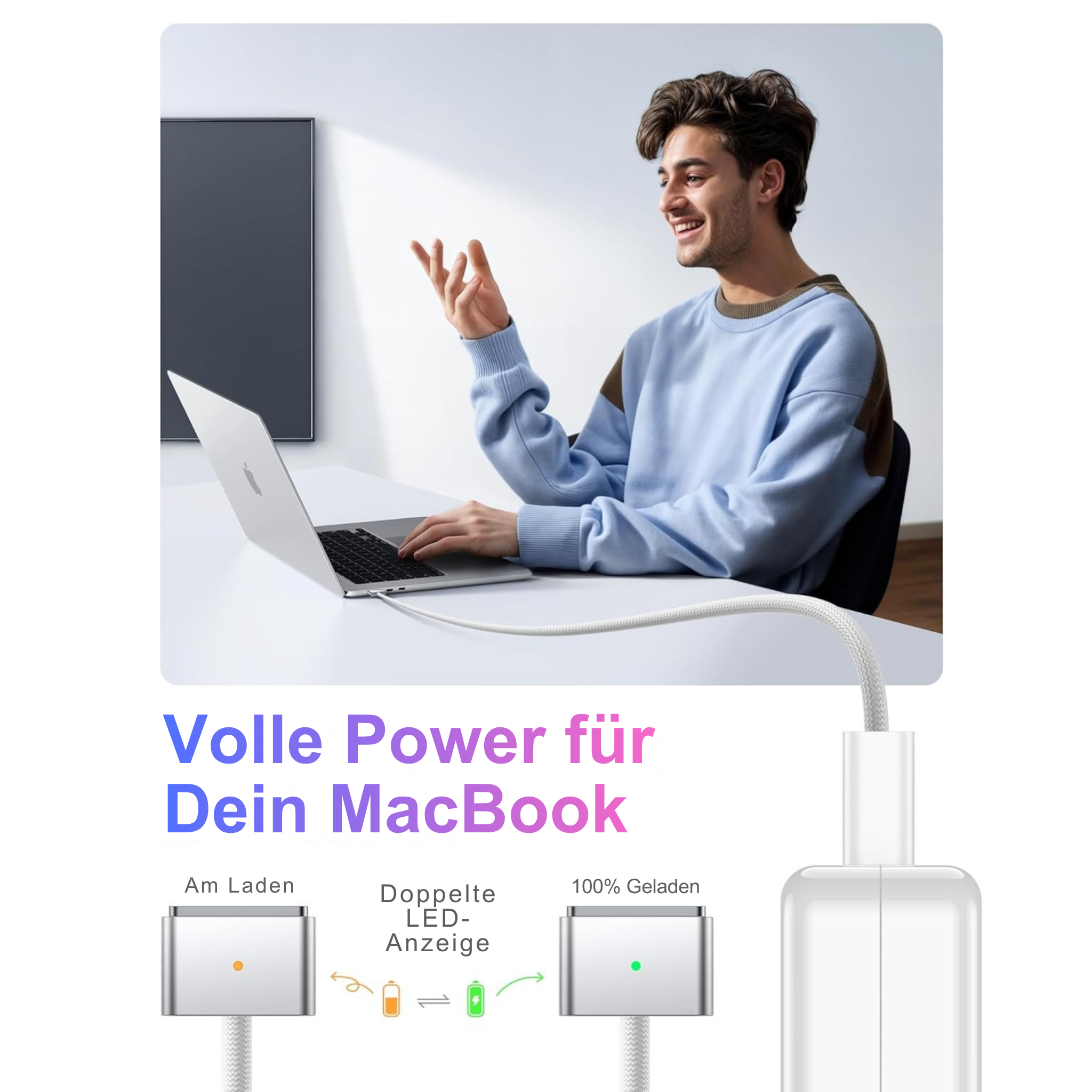 Ein Mann benutzt einen Laptop, der an ein Ladegerät angeschlossen ist. Text sagt 'Volle Power für Dein MacBook'.