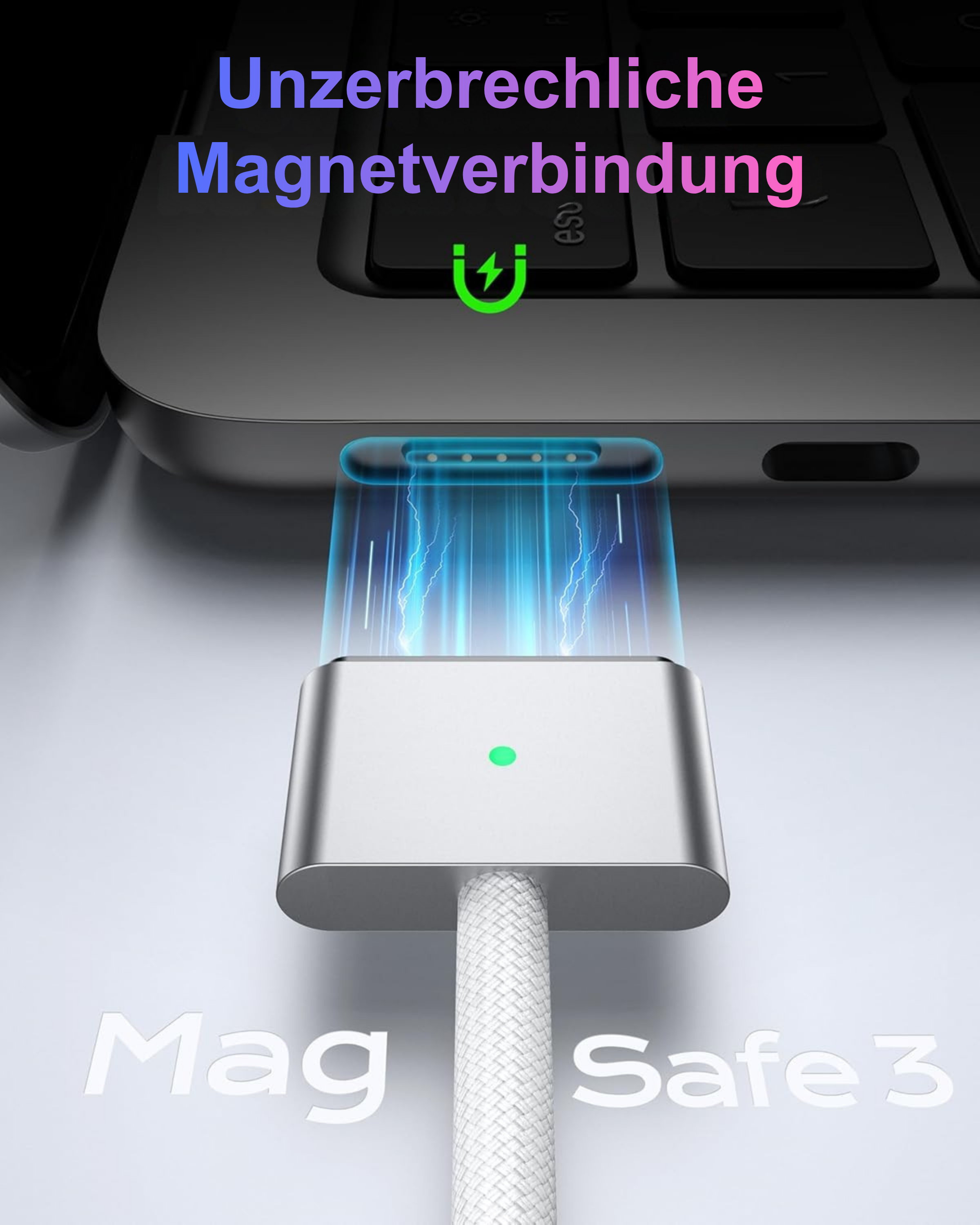 Ein Laptop-Ladegerät mit Magnetanschluss, das blaue Lichtbögen zeigt, und die Worte Mag Safe 3.