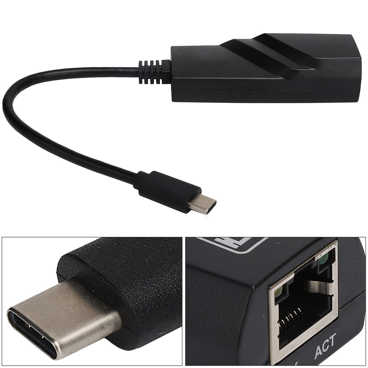 Ein schwarzer USB-C-zu-Ethernet-Adapter. Es hat einen USB-C-Anschluss an einem Ende und einen Ethernet-Anschluss am anderen.