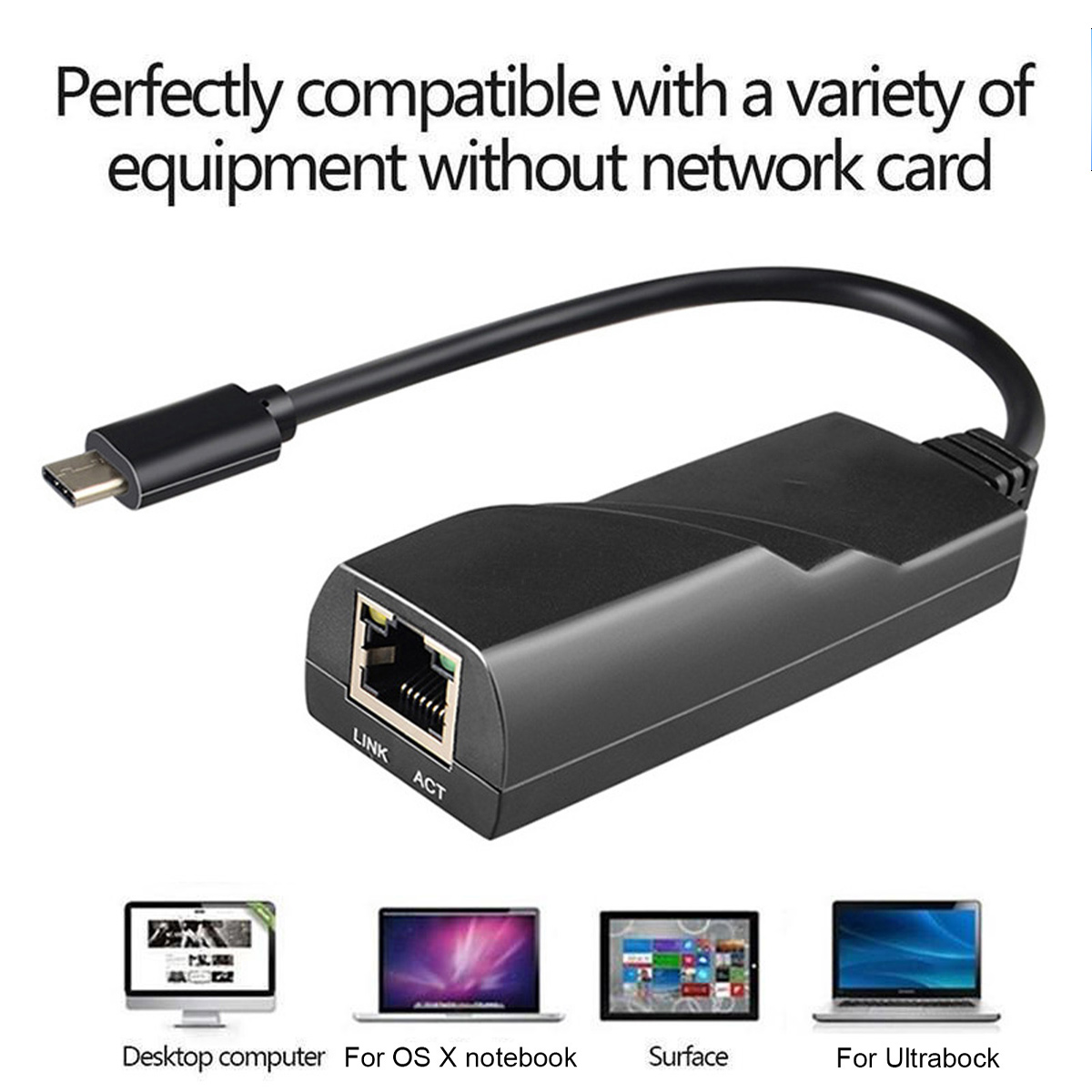 Schwarzer Netzwerkadapter mit USB-C-Anschluss. Kompatibel mit verschiedenen Geräten. Darunter sind Bilder von Desktop, Laptop und Tablet.