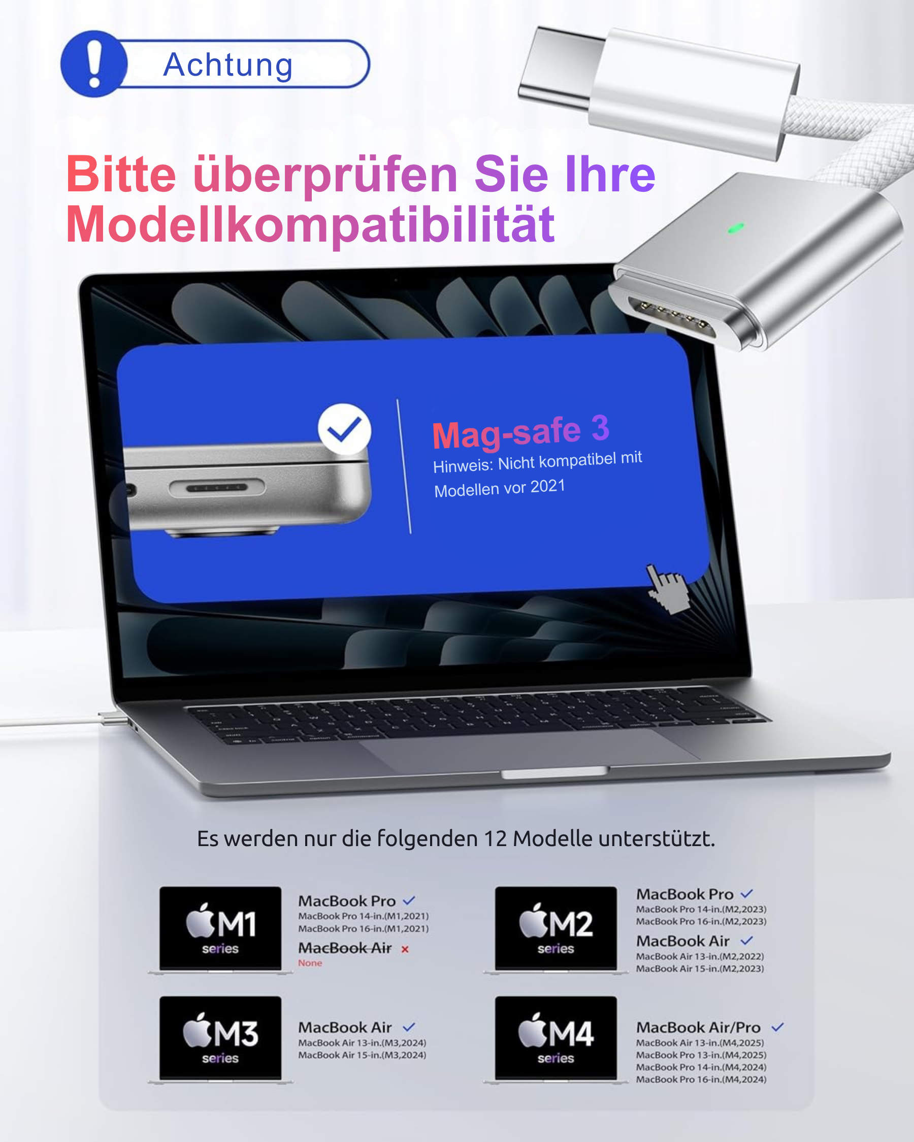 Laptop mit Mag-safe 3 Kabel. Kompatibilitätsinformationen mit MacBook-Modellen werden angezeigt.