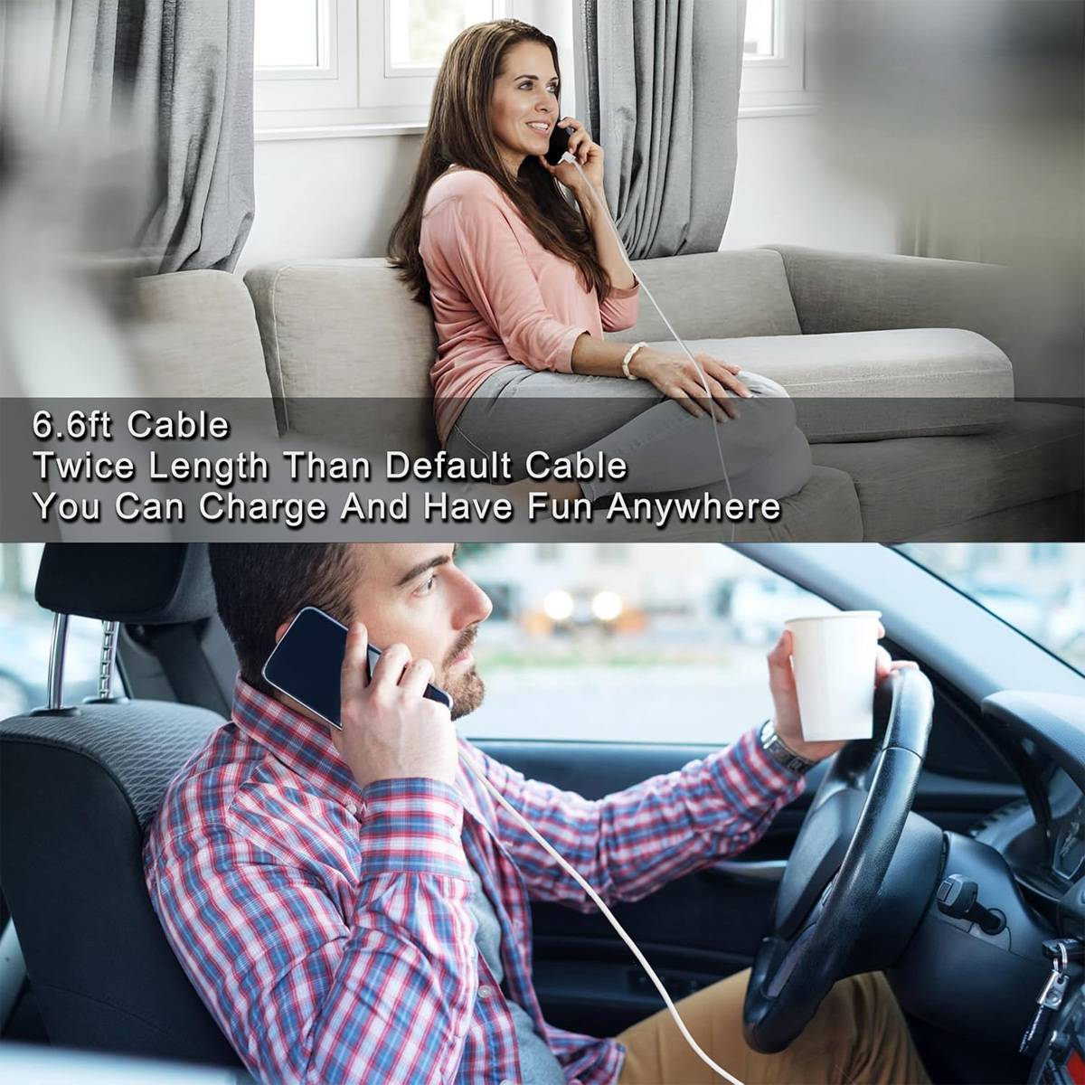 Frau auf dem Sofa und Mann im Auto telefonieren mit einem Ladekabel. Zeigt die Kabellänge.