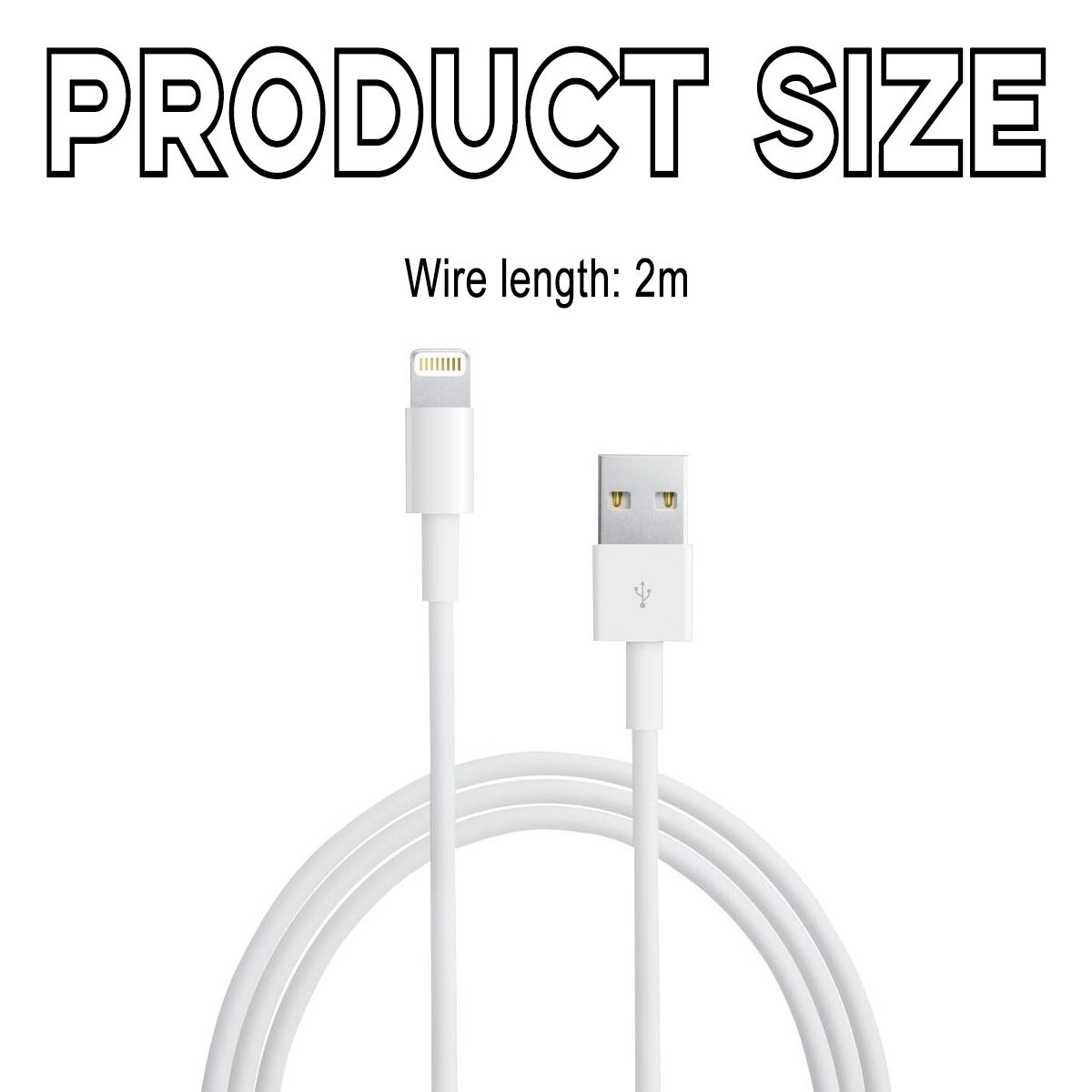 Das Bild zeigt ein weißes Ladekabel mit USB- und Lightning-Anschlüssen. Text: "Produktgröße" und "Kabellänge: 2m".
