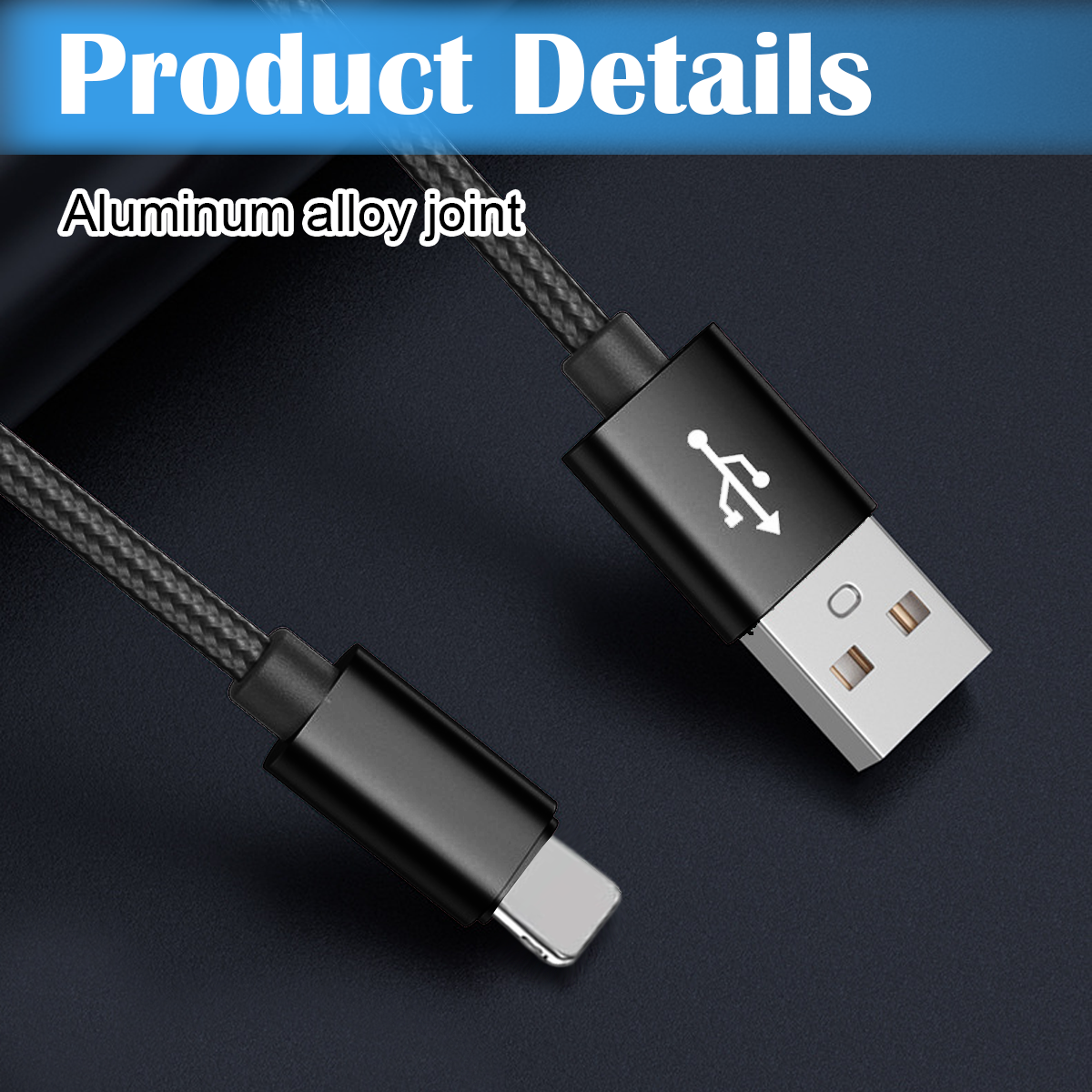 Schwarzes USB-Kabel mit silbernen Anschlüssen. Auf dem Kabel steht "Aluminum alloy joint" und "Product Details".