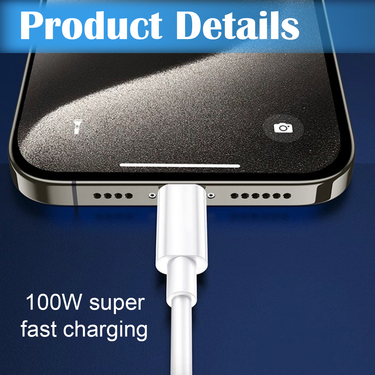 Ein Telefon wird mit einem weißen Kabel aufgeladen. Text: '100W super schnelles Laden'.