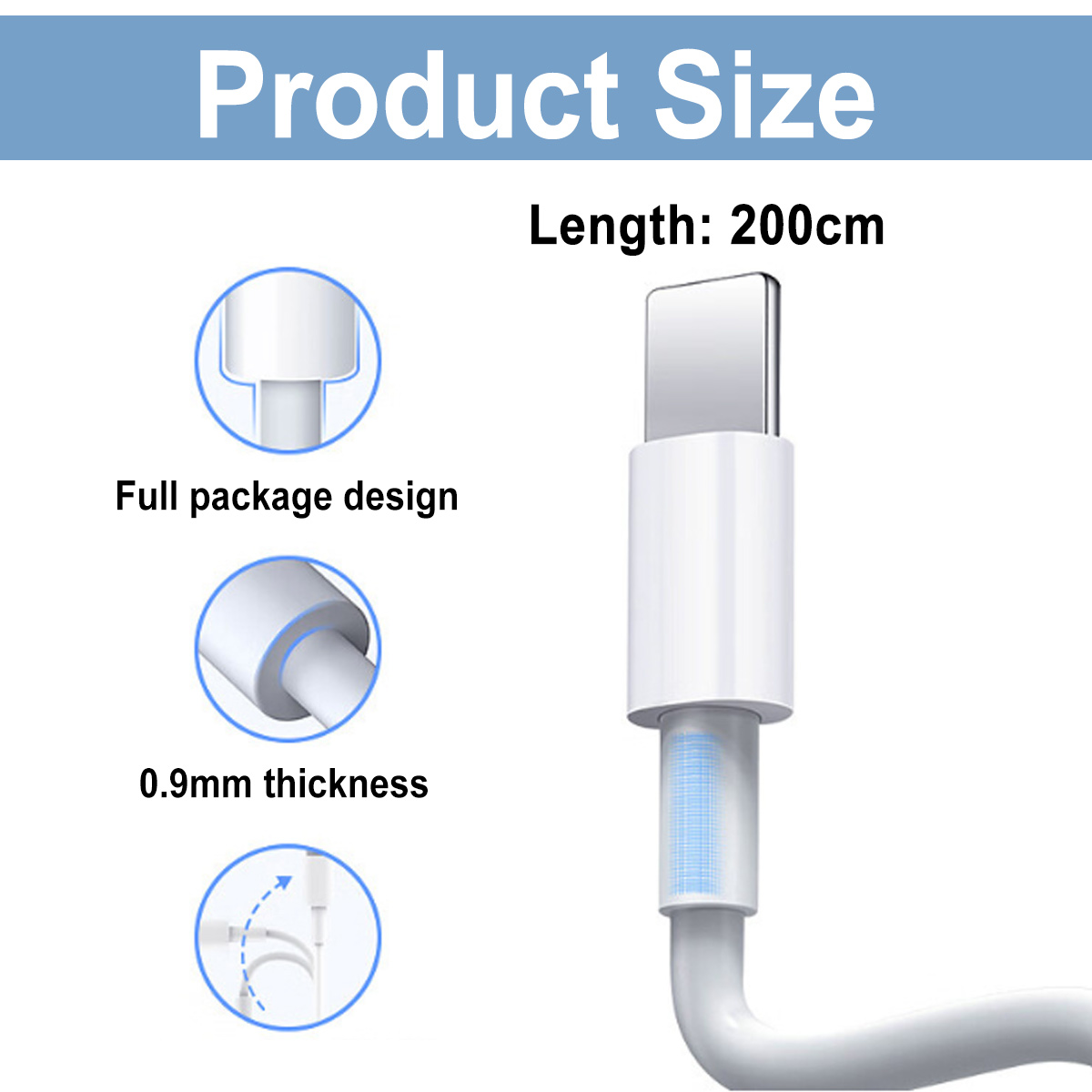 Das Bild zeigt ein weißes Ladekabel mit dem Text 'Produktgröße' und 'Länge: 200 cm'. Details umfassen 'Full Package Design' und '0,9 mm Dicke'.
