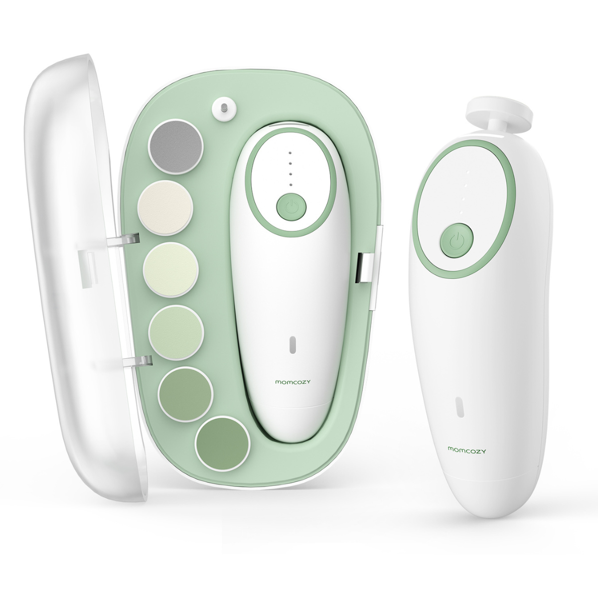 Un kit de soins des ongles pour bébé blanc et vert. Il comprend un étui avec des limes à ongles et un coupe-ongles électrique. La marque est Momcozy.