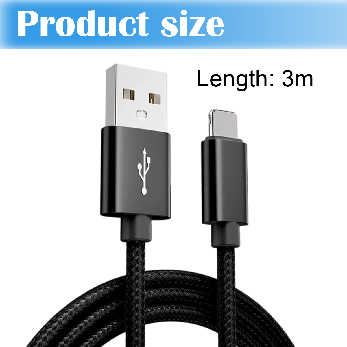 Ein schwarzes USB-auf-Lightning-Kabel mit USB-Anschluss, Lightning-Anschluss und 3m Längenangabe.