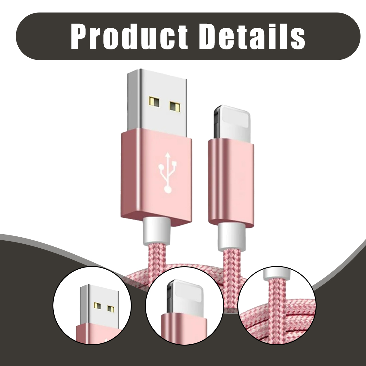 Ein roségoldenes USB-Kabel mit zwei Anschlüssen, einem USB- und einem Lightning-Anschluss, mit einem gewebten rosa Kabel.