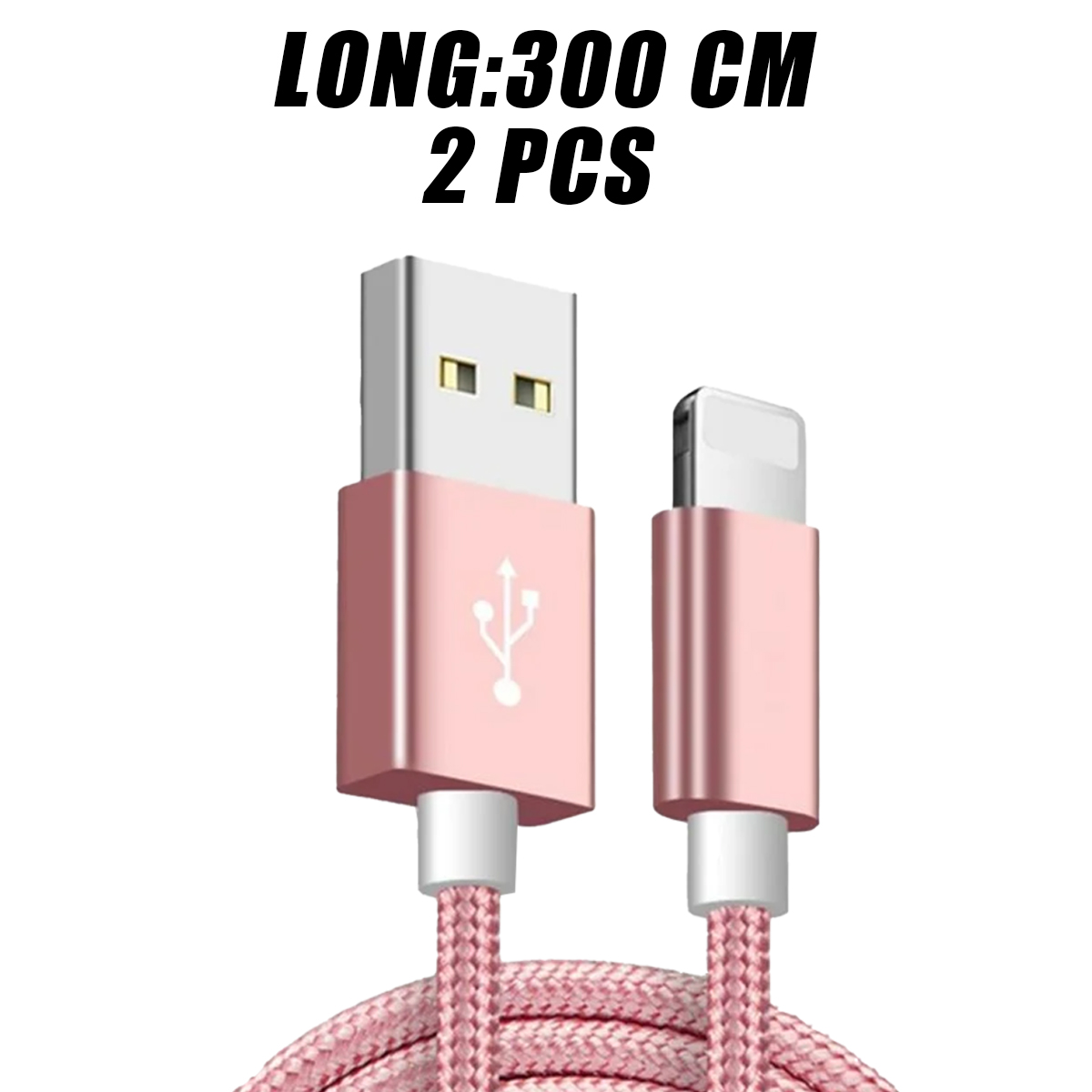 Zwei rosa USB-Ladekabel. Der Text oben lautet 'LANG:300 CM 2 STK'.