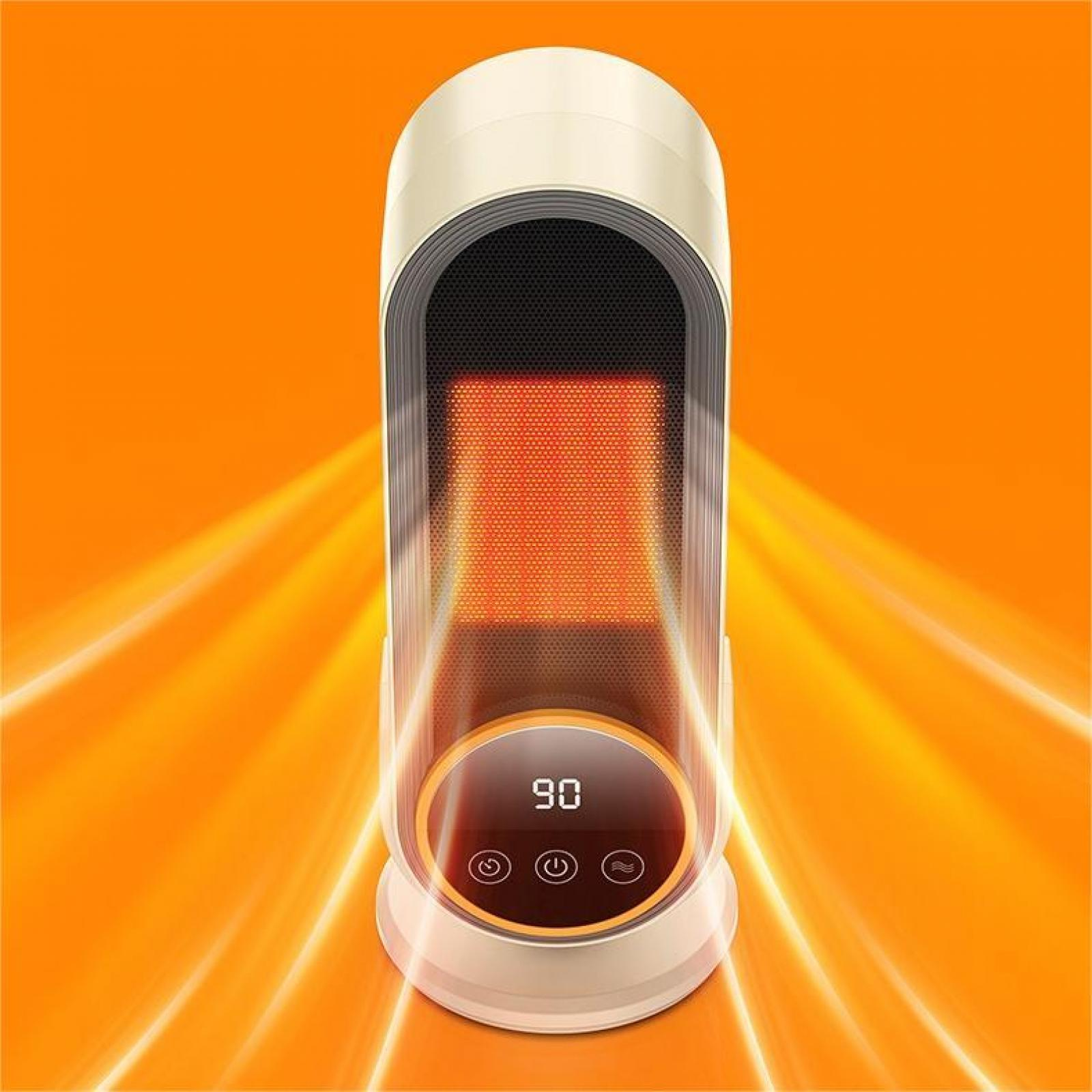Ein cremefarbener Elektroheizer. Die Vorderseite hat ein digitales Display mit der Anzeige 90. Von der Vorderseite geht orangefarbenes Licht aus.
