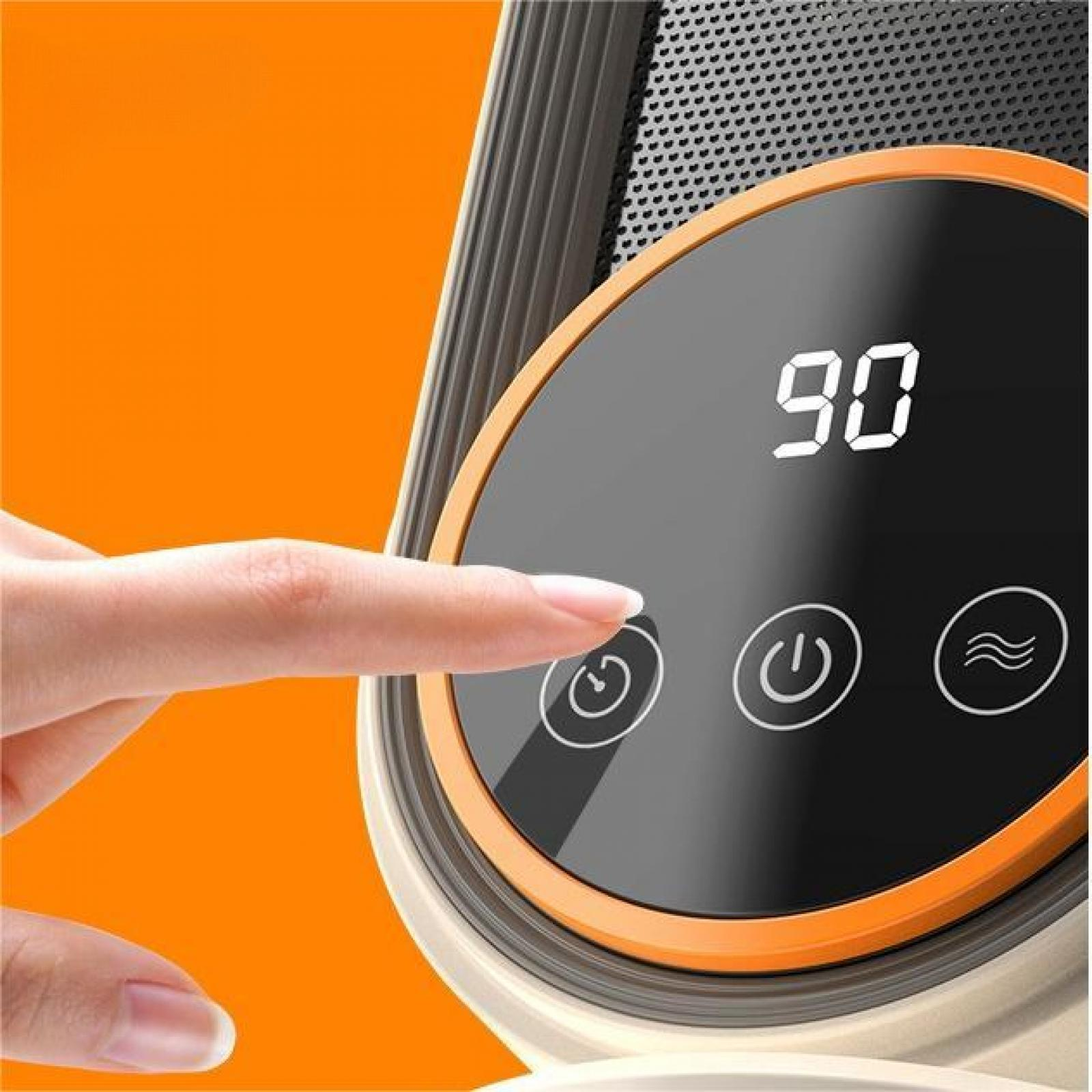Eine Hand berührt ein Bedienfeld mit der Anzeige '90'. Das Feld hat Symbole für Strom, Timer und Heizung. Orange und Grau dominieren.