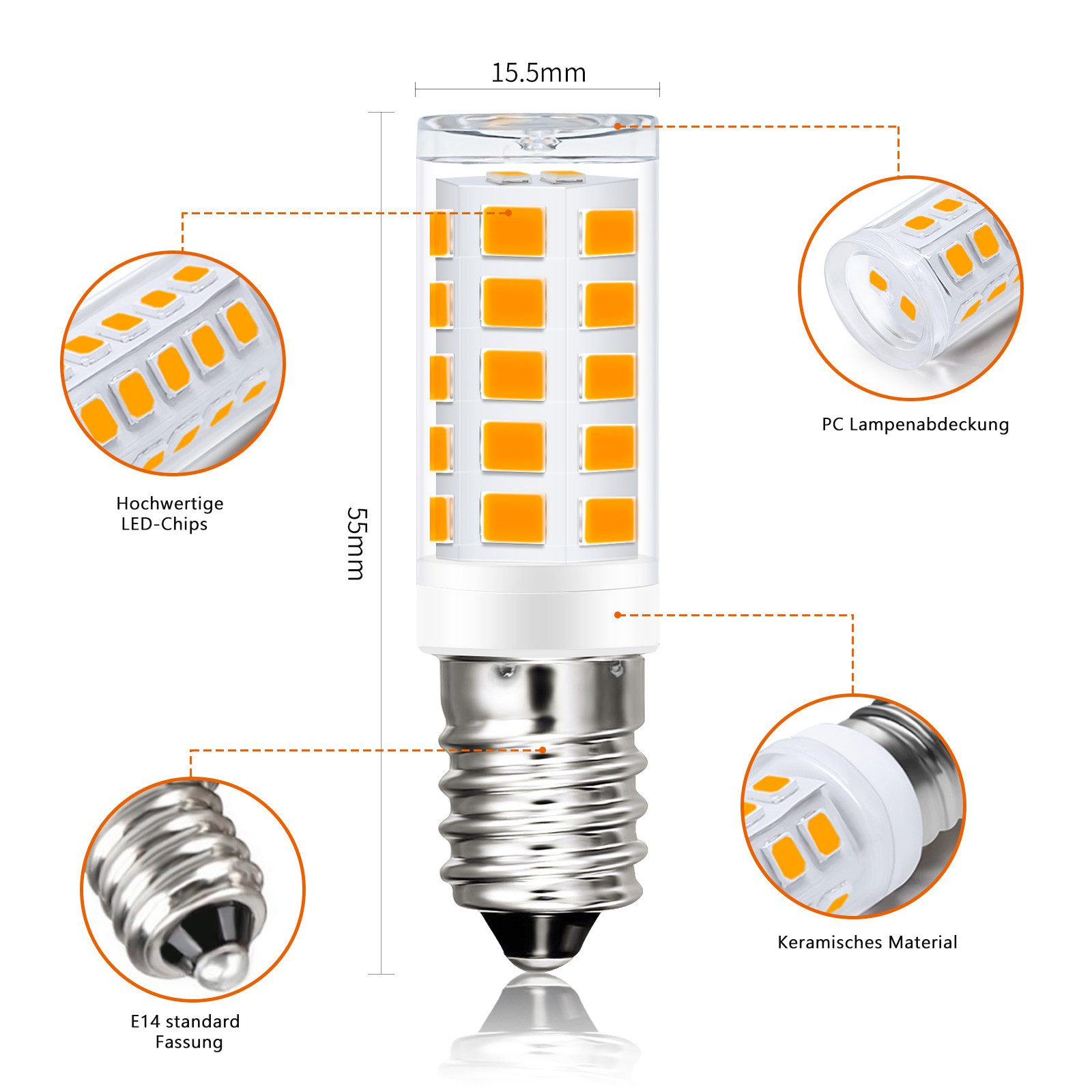 Lampadina LED con LED arancioni, parti etichettate e dimensioni. Include base E14, materiale ceramico e copertura della lampada in PC.
