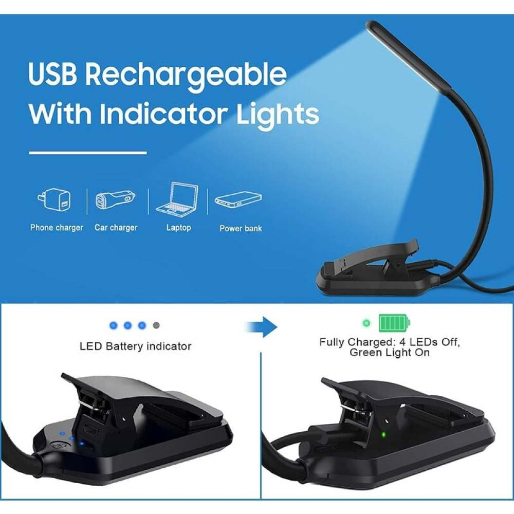 Eine USB-wiederaufladbare Lampe, schwarz, mit Anzeigeleuchten. Zeigt den Ladestatus. Symbole von Ladegeräten und einem Laptop werden angezeigt.