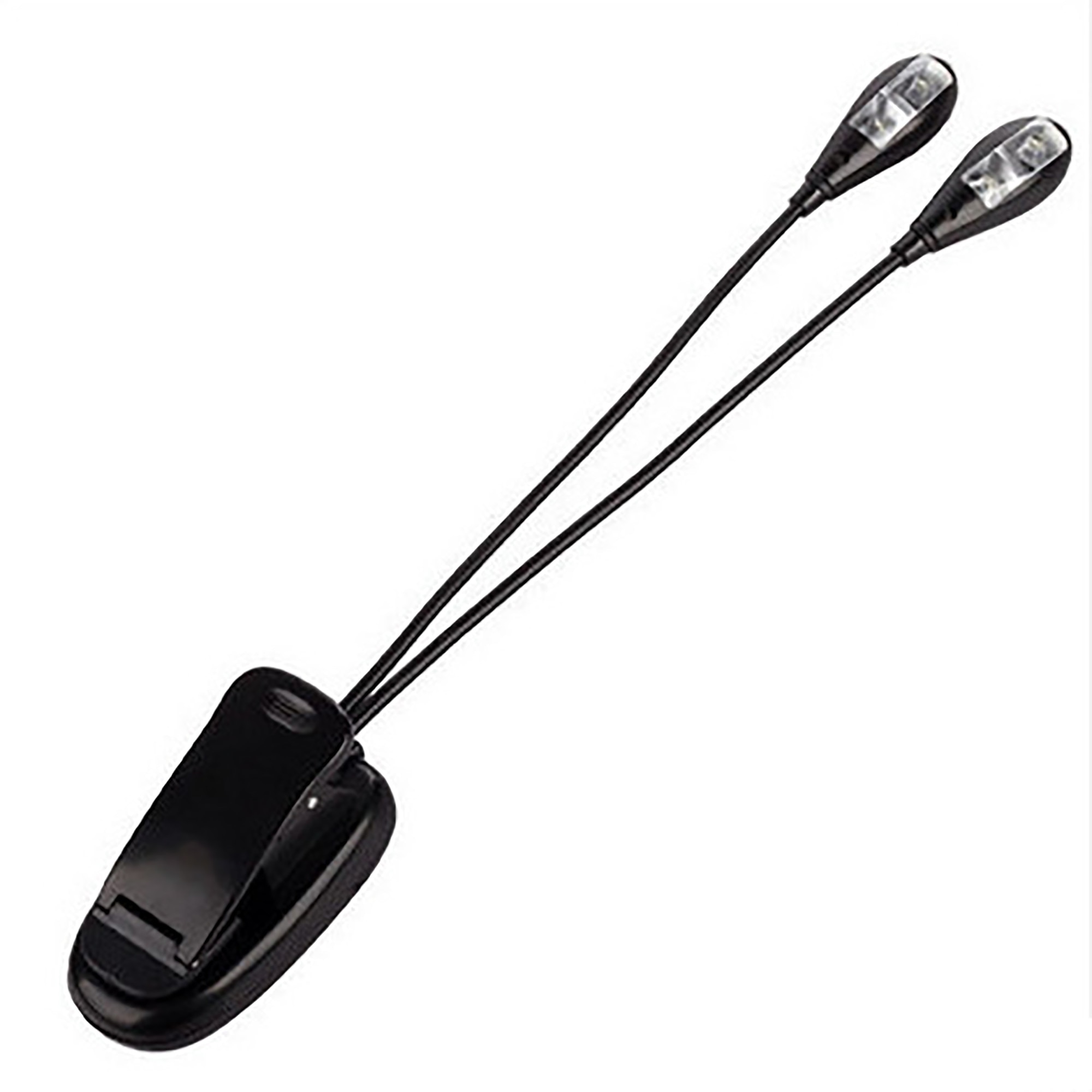 Ein schwarzes LED-Leselicht mit zwei verstellbaren Armen und Clip-Basis auf weißem Hintergrund.