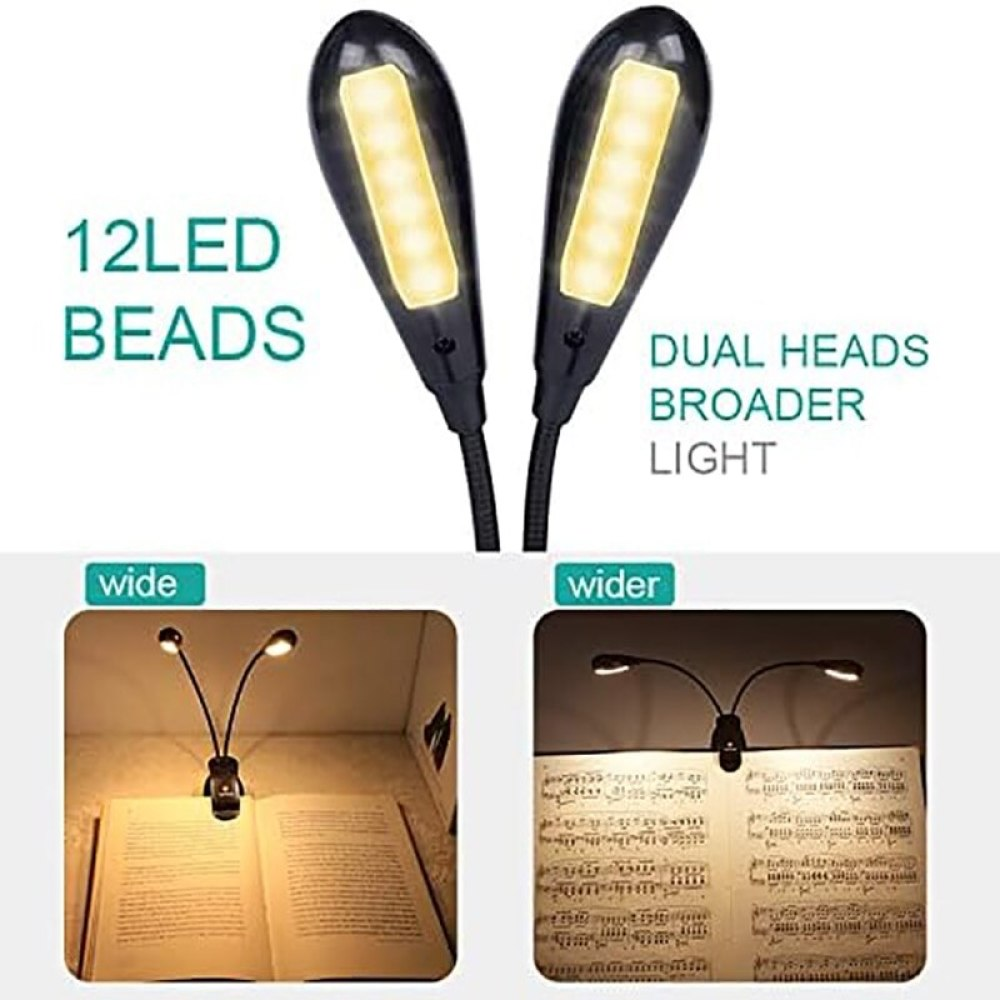 Das Bild zeigt eine LED-Buchlampe mit zwei Köpfen. Text hebt Funktionen hervor. Zwei kleinere Bilder zeigen die Lampe in Gebrauch.