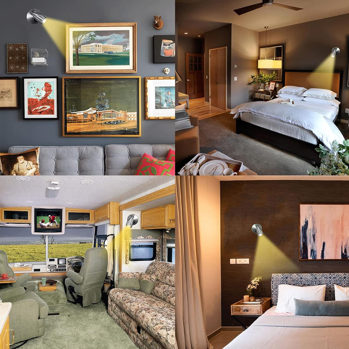Vier Innenszenen: Wohnzimmer mit Kunst, Schlafzimmer mit Bett, Wohnmobil-Innenraum und Schlafzimmer mit Bett und Kunst. Jeder hat einen Scheinwerfer.