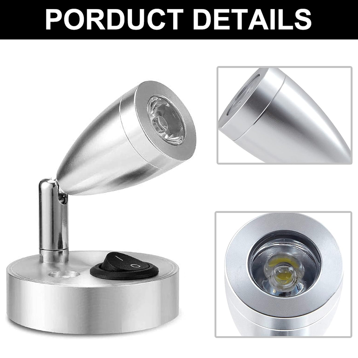 Eine silberne LED-Leselampe. Sie hat einen abgerundeten Kopf, einen kleinen Ständer und einen runden Sockel mit einem Schalter. Details der Leuchte sind in der Ecke.