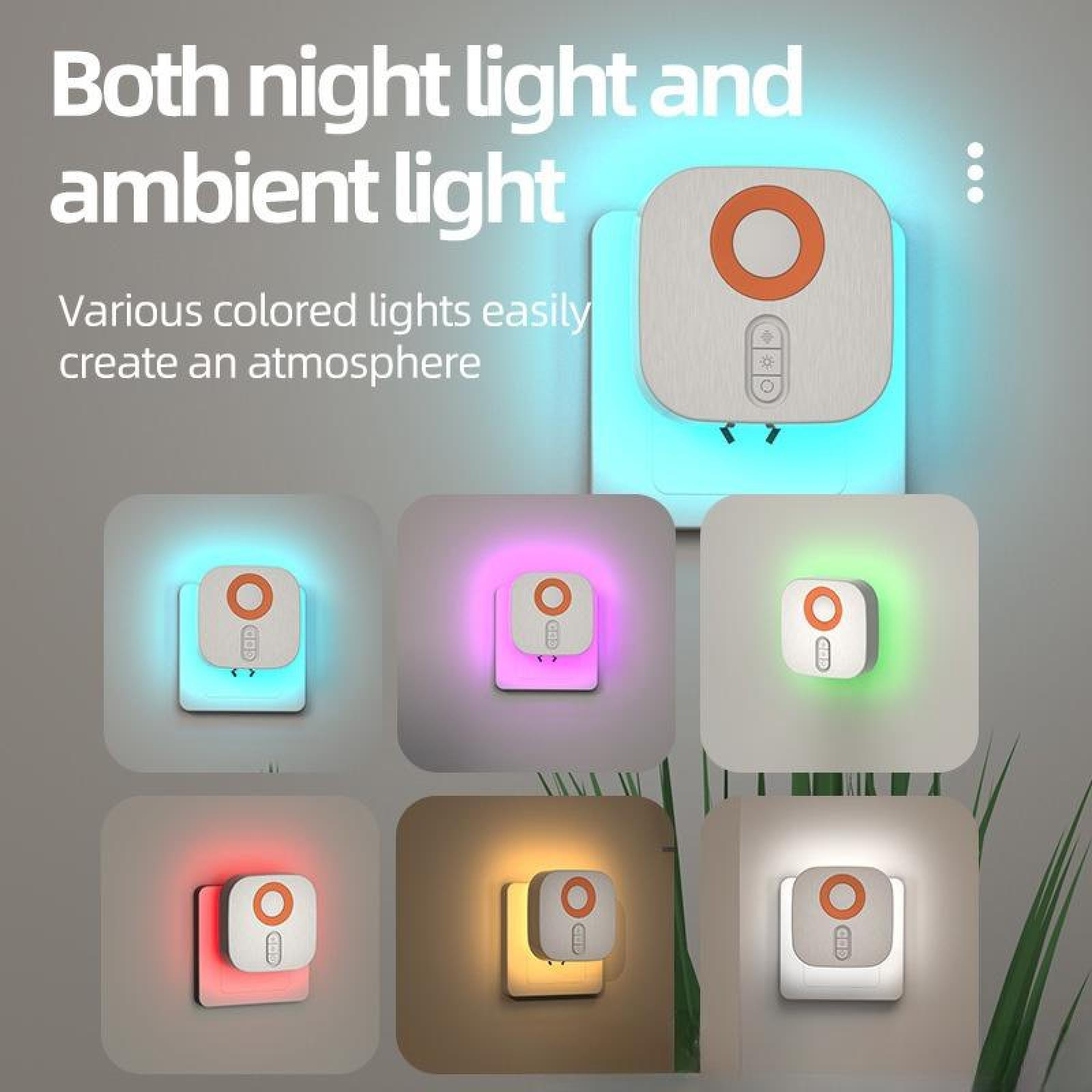 Das Bild zeigt Nachtlichter mit verschiedenfarbigen Lichtern. Jedes Licht hat ein weißes Quadrat mit einem orangefarbenen Kreis und Knöpfen.