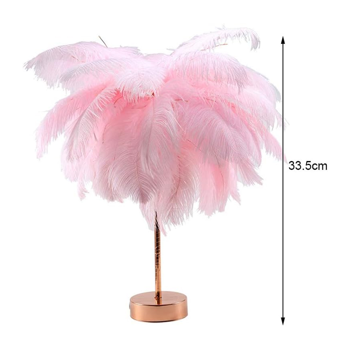 Eine rosa Federlampe mit einem Bronzeständer wird gezeigt und misst 33,5 cm. Federn sind weich und flauschig. Die Basis ist kreisförmig.