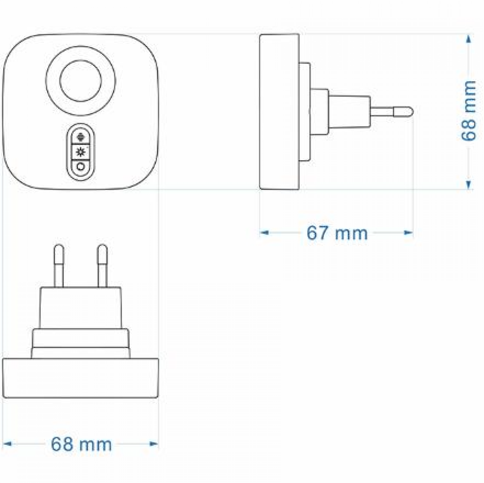 Technische Zeichnung eines Geräts mit Maßangaben in Millimetern, mit Ansichten von vorne, der Seite und des Steckers.