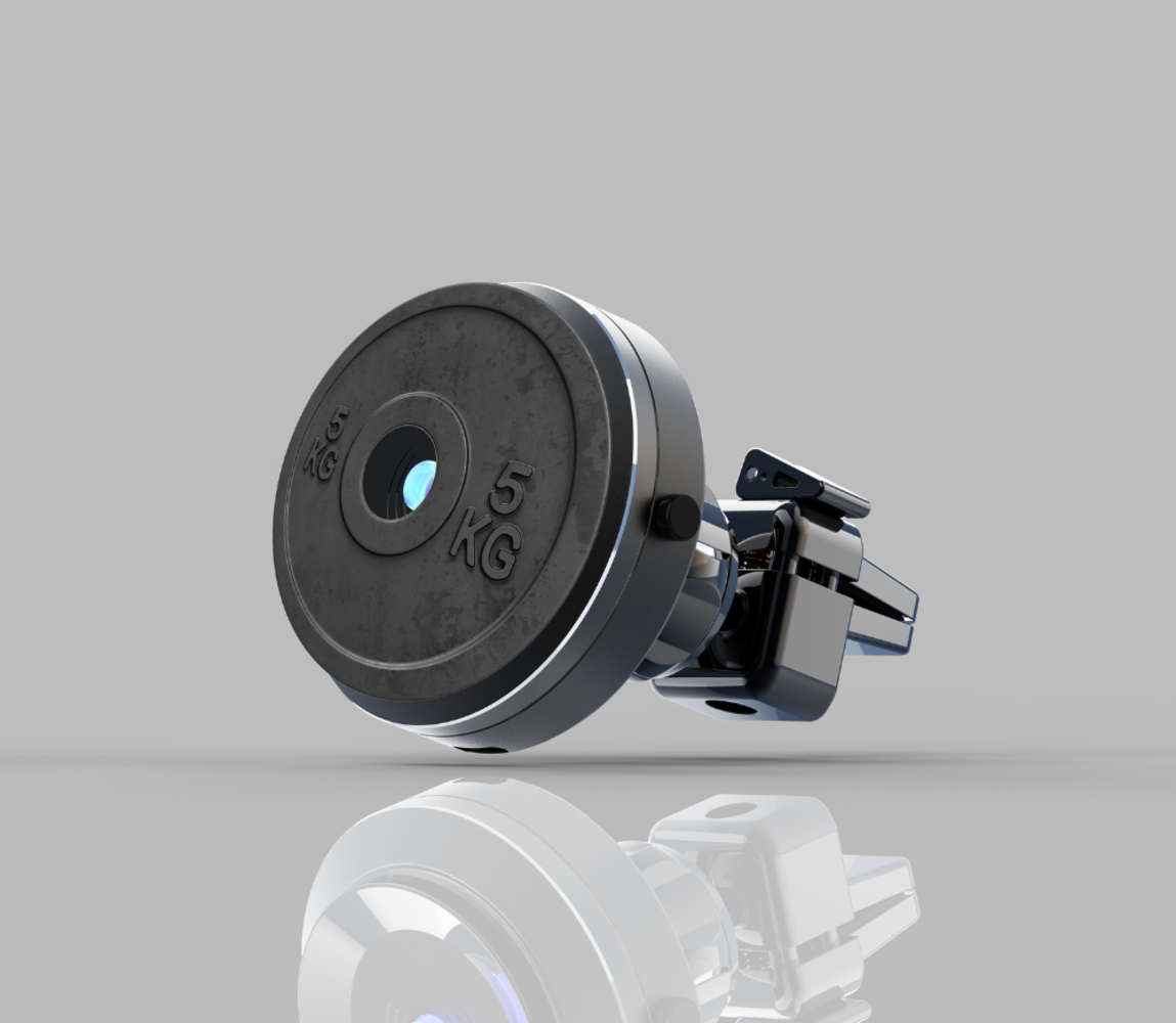 Rendering 3D di un manubrio. Un disco di peso nero da 5 kg è attaccato a un'impugnatura metallica. Il peso ha la scritta '5 KG'.