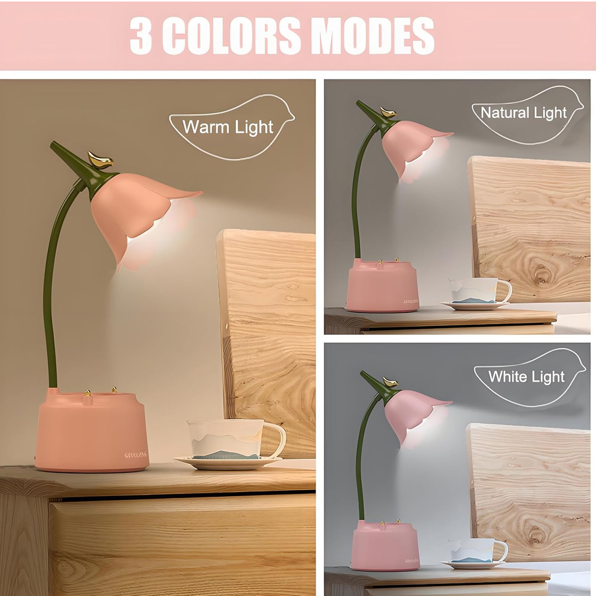 Das Bild zeigt eine rosa Lampe in Form einer Blume mit drei verschiedenen Lichteinstellungen: warm, natürlich und weiß, mit einer Tasse.