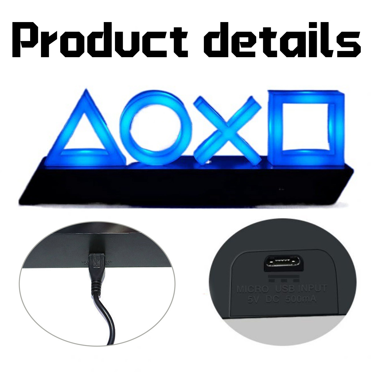 Blau beleuchtetes PlayStation-Symbollicht. Details umfassen Nahaufnahmen von USB-Anschluss und Ladeeingang.