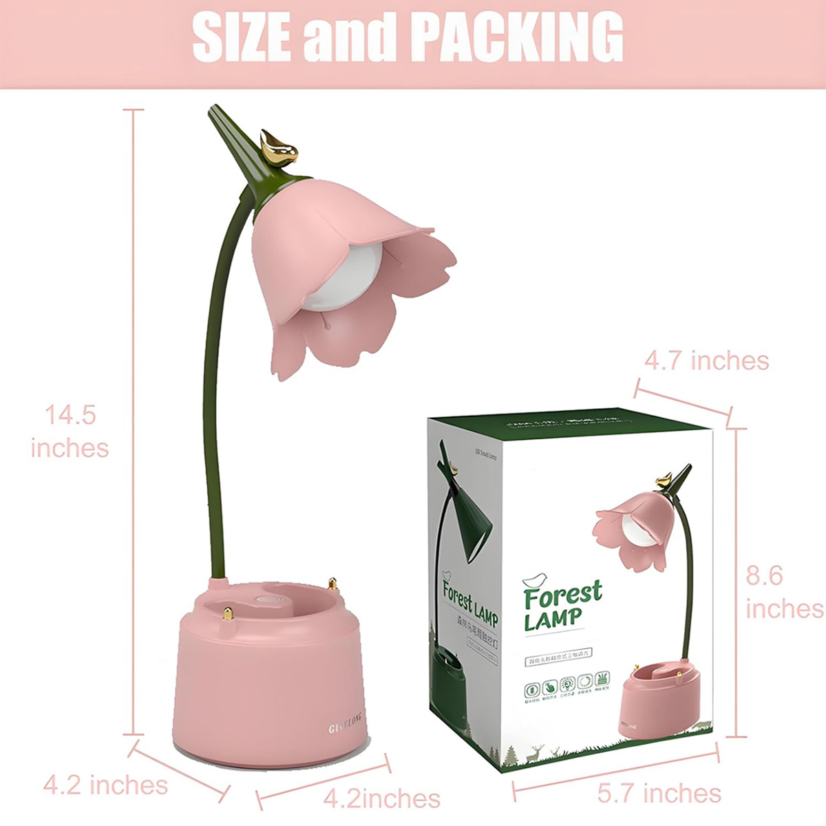 Eine rosa blütenförmige Lampe mit grünem Stiel und eine Box mit dem Bild der Lampe und den Abmessungen. Auf der Box steht 'Forest LAMP'.