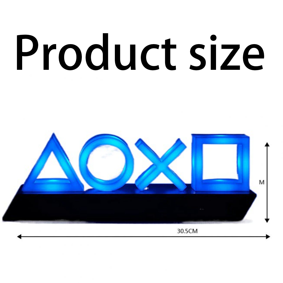 Blau beleuchtete PlayStation-Symbole: Dreieck, Kreis, Kreuz und Quadrat. Schwarze Basis. Text: Produktgröße, mit Abmessungen.