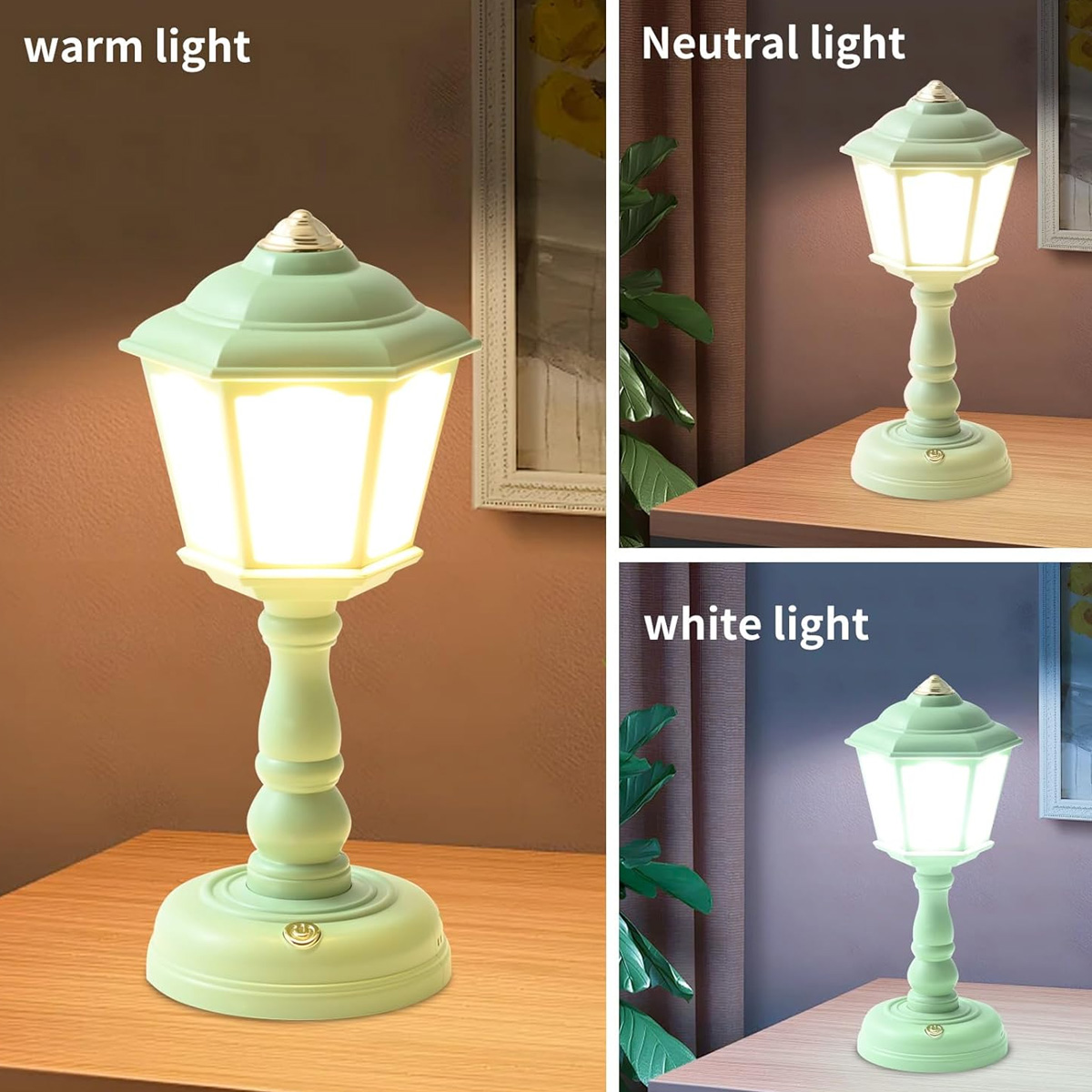 Eine mintgrüne Laternenlampe mit drei verschiedenen Lichteinstellungen: warm, neutral und weiß. Sie steht auf einer Holzoberfläche.