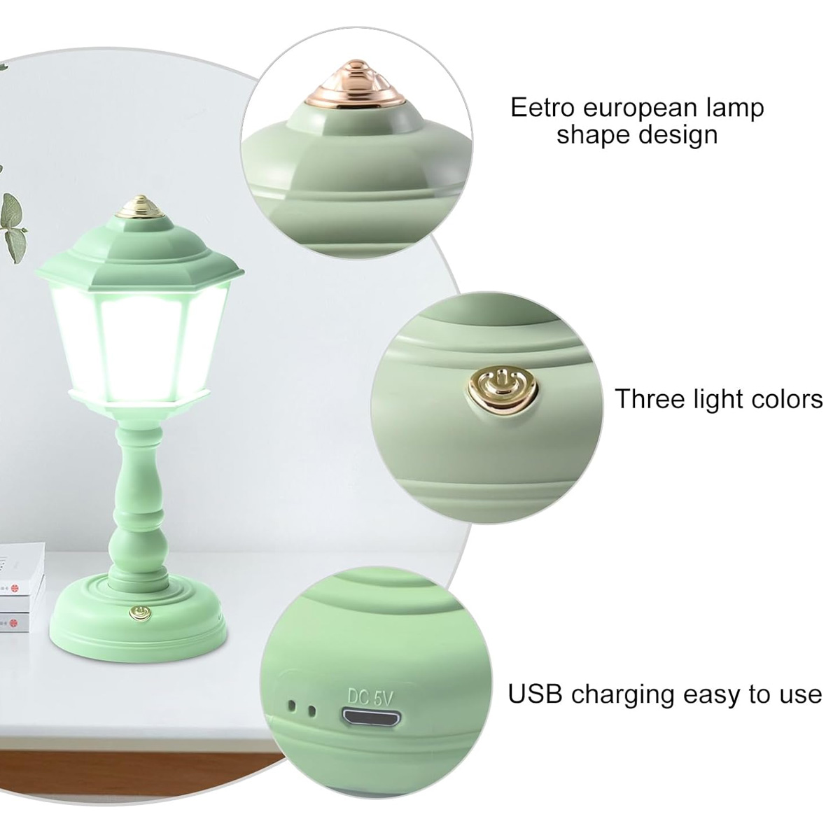 Eine mintgrüne Lampe im europäischen Design mit goldfarbenem Oberteil und Lichtschalter, mit USB-Lademöglichkeiten.