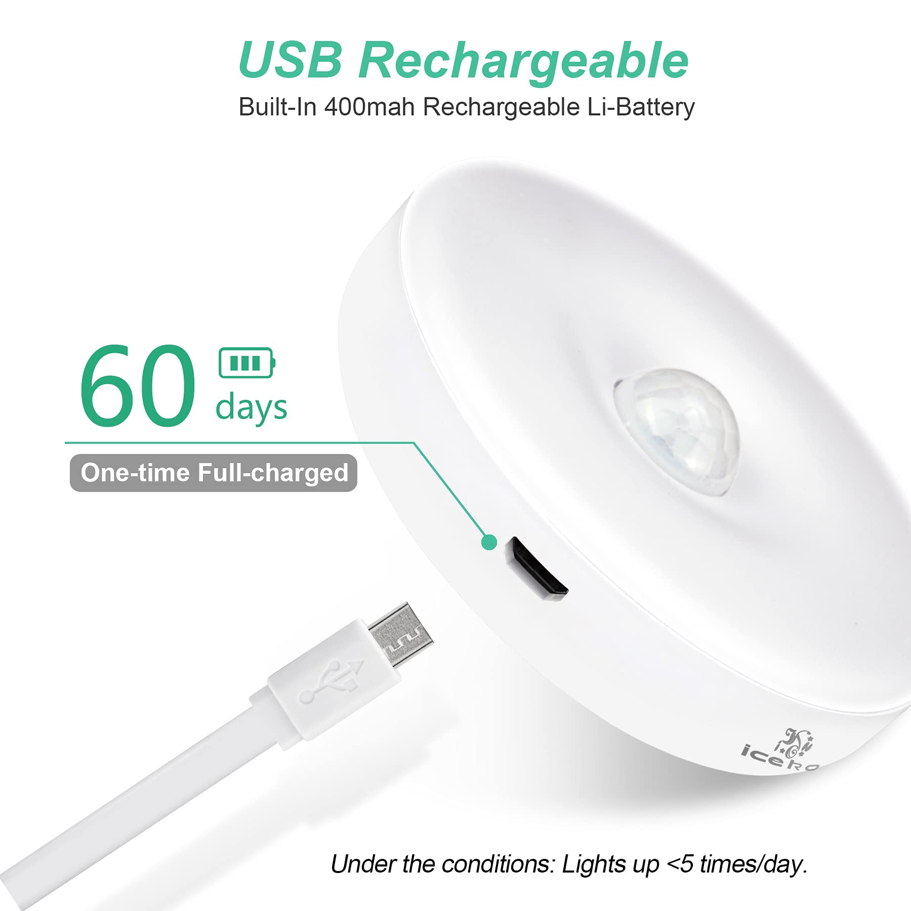Ein weißes, kreisförmiges, wiederaufladbares USB-Licht mit Ladekabel. Zeigt, dass die Akkulaufzeit des Lichts 60 Tage beträgt.