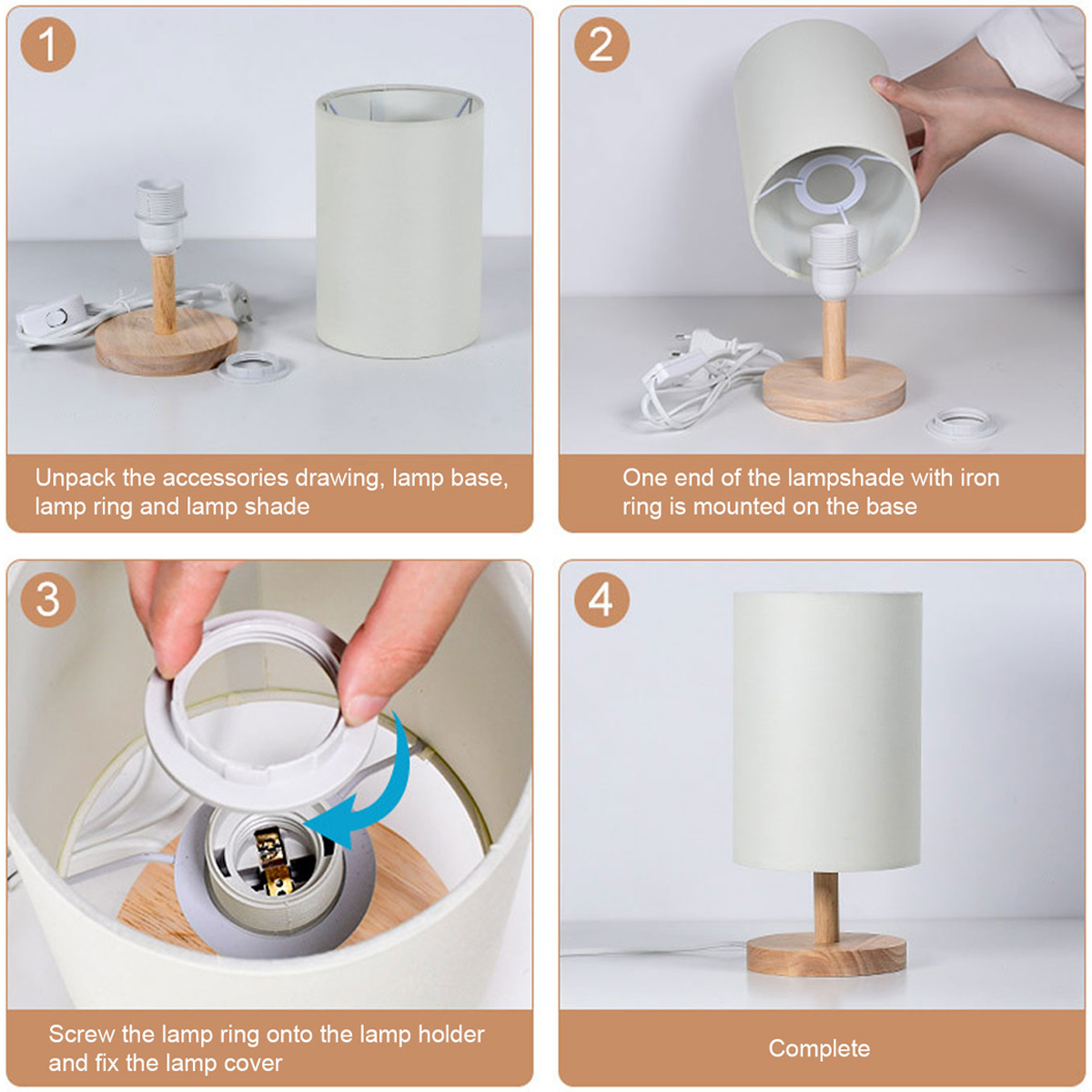 Schritte zum Zusammenbau einer Lampe: Auspacken, Befestigen des Schirms an der Basis, Anschrauben des Rings und Endmontage.