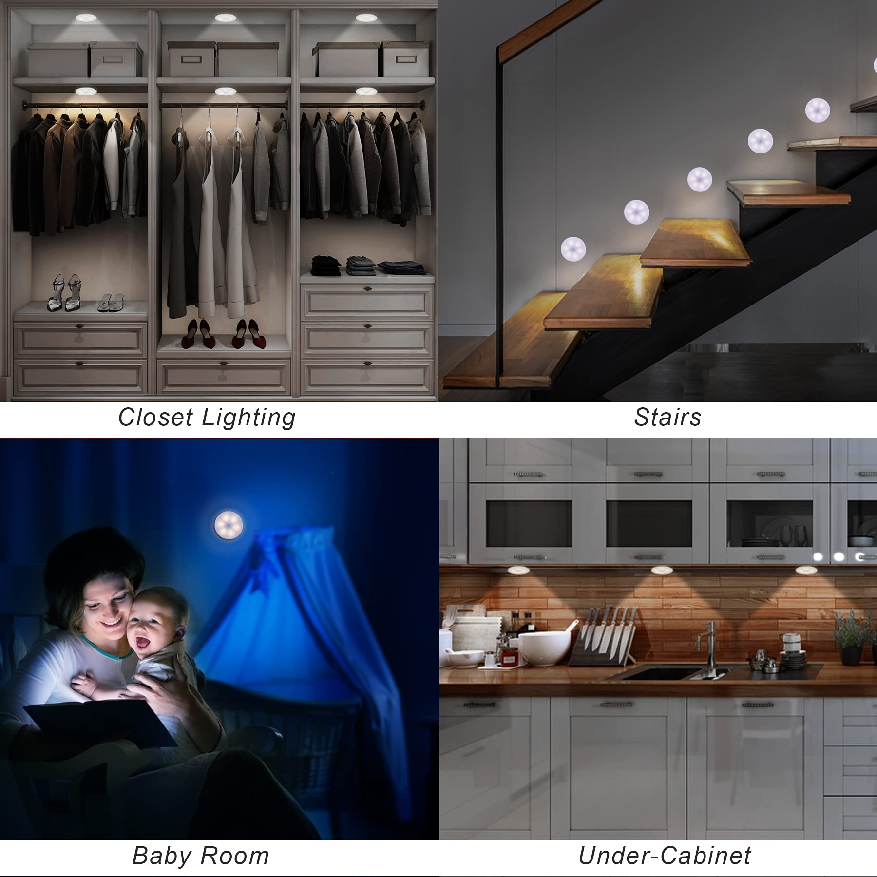 Das Bild zeigt vier Szenarien: Schrankbeleuchtung, Treppe, Babyzimmer und Unter-Schrankbeleuchtung, jeweils mit kleinem Licht.
