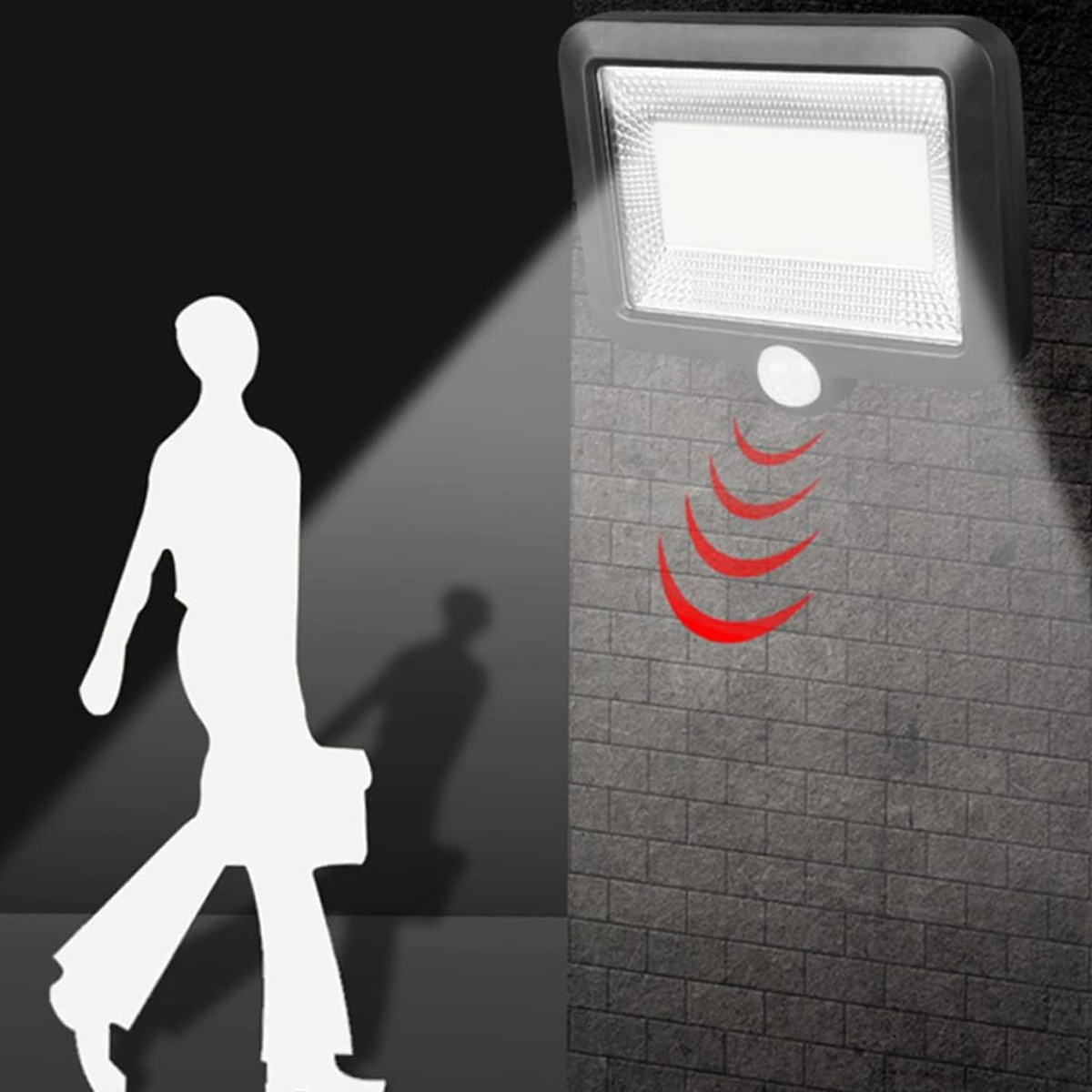 Eine weiße Figur geht auf ein Licht zu. Eine Lampe an einer Backsteinmauer scheint Licht, mit roten Wellen.