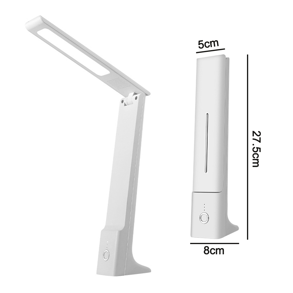 Weiße LED-Schreibtischlampe. Die Lampe ist zusammengeklappt. Abmessungen: 27,5 cm hoch, 8 cm breit und 5 cm dick.