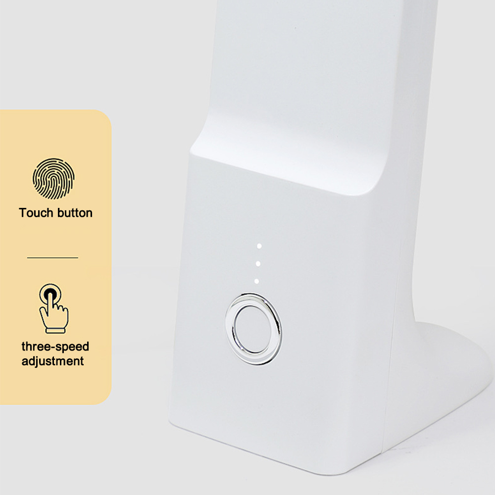 Ein weißes Gerät mit Touch-Button und Symbolen für die Dreigeschwindigkeitsanpassung. Über der Taste befinden sich drei Kontrollleuchten.