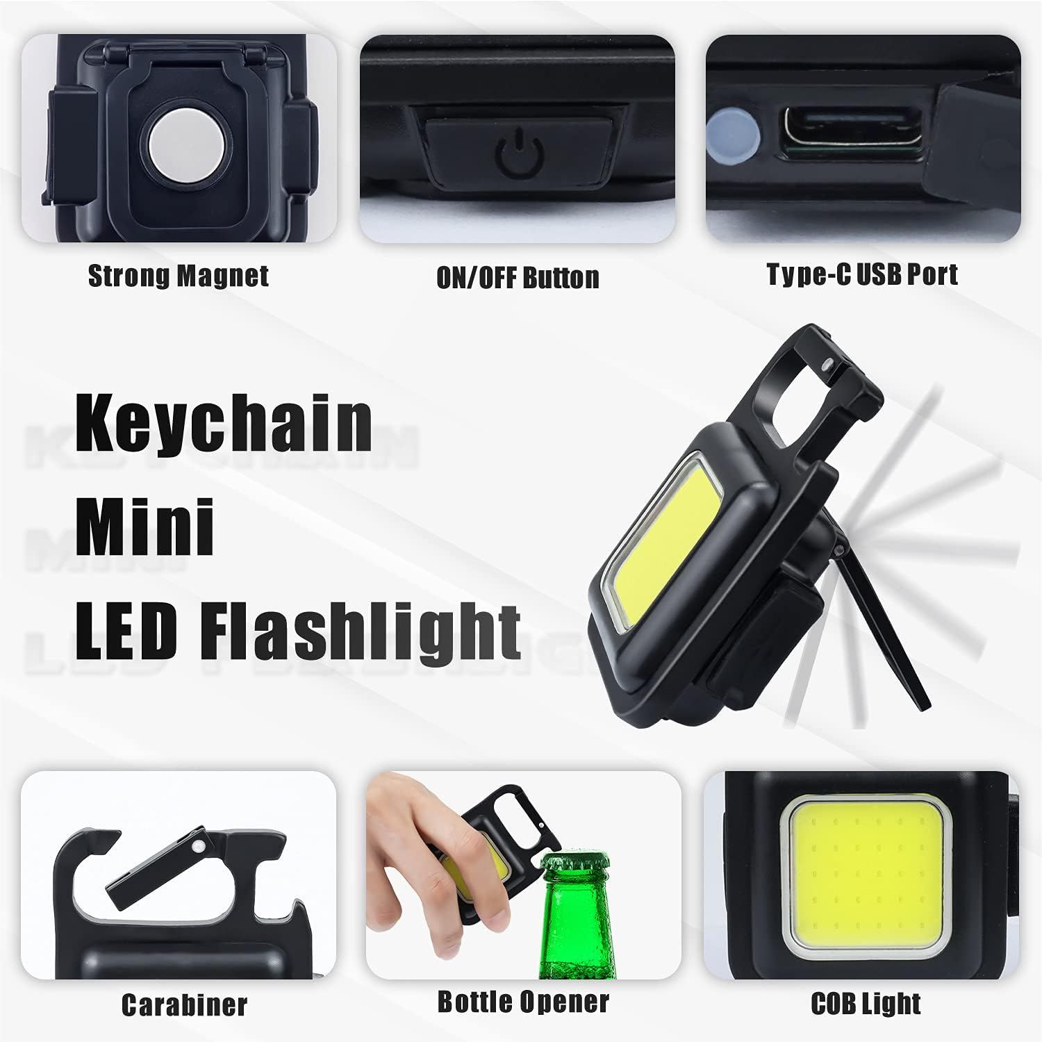 Eine schwarze Mini-LED-Taschenlampe mit Magnet, Ein-/Aus-Taste und USB-Anschluss. Mit Karabiner, Flaschenöffner und COB-Licht.