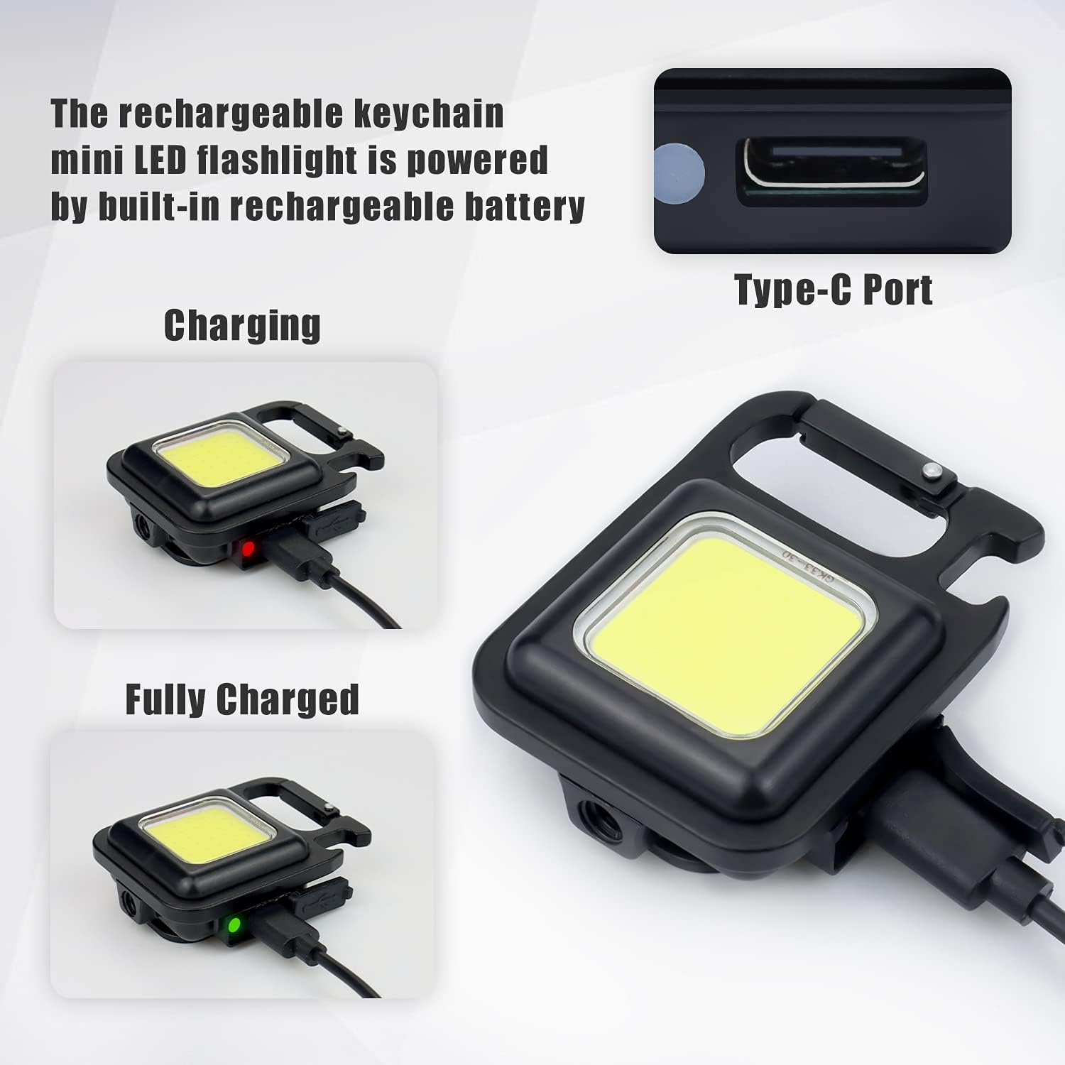 Eine schwarze Schlüsselanhänger-Taschenlampe mit hellem Licht, die mit einem USB-C-Kabel aufgeladen wird. Zeigt den Lade- und den vollgeladenen Zustand an.