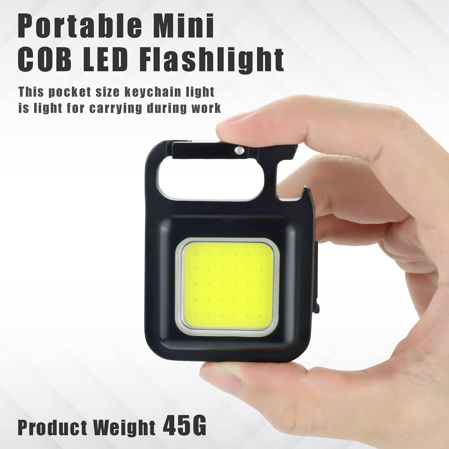Eine Hand hält eine schwarze Mini-Taschenlampe mit hellem gelben Licht. Text: 'Portable Mini COB LED Flashlight' und 'Product Weight 45G'.