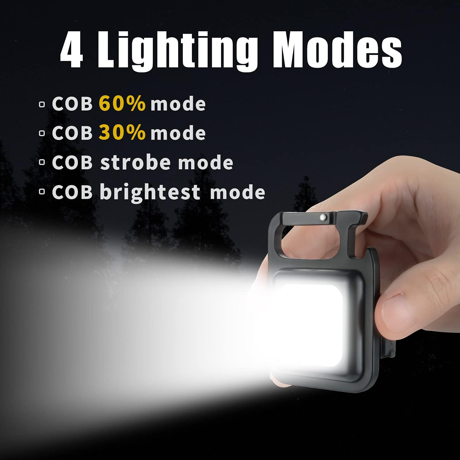 Eine Hand hält eine schwarze Taschenlampe. Das Bild listet 4 Leuchtmodi auf: 60 %, 30 %, Stroboskop und hellste. Das Licht scheint.