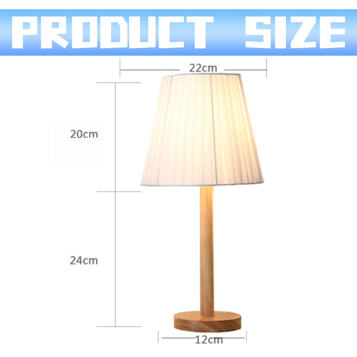 Eine Tischlampe mit weißem Lampenschirm und Holzfuß. Abmessungen: 22cm, 20cm, 24cm und 12cm.