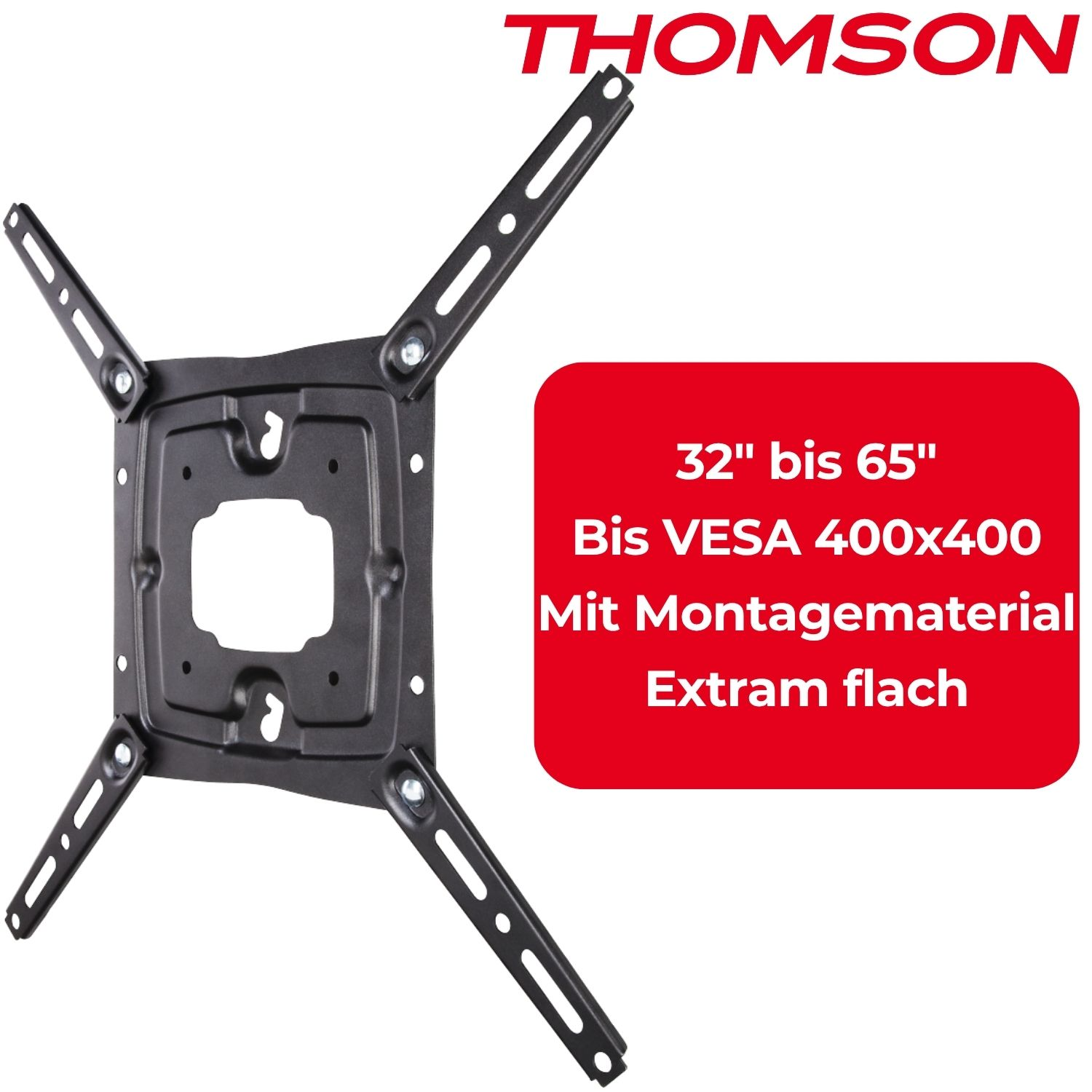 Schwarze TV-Wandhalterung mit vier Auslegerarmen. Rote Box mit Text: 32" bis 65", VESA 400x400, Montagematerial, extra flach.