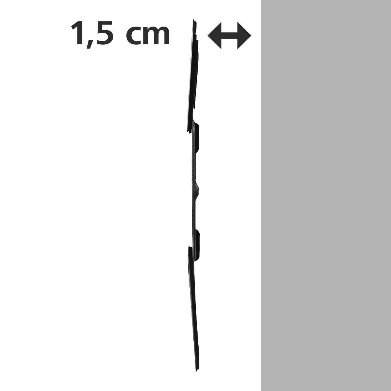 Das Bild zeigt eine schwarze Halterung mit 1,5 cm Messung. Ein Pfeil zeigt die Breite an. Der Hintergrund ist weiß und grau.
