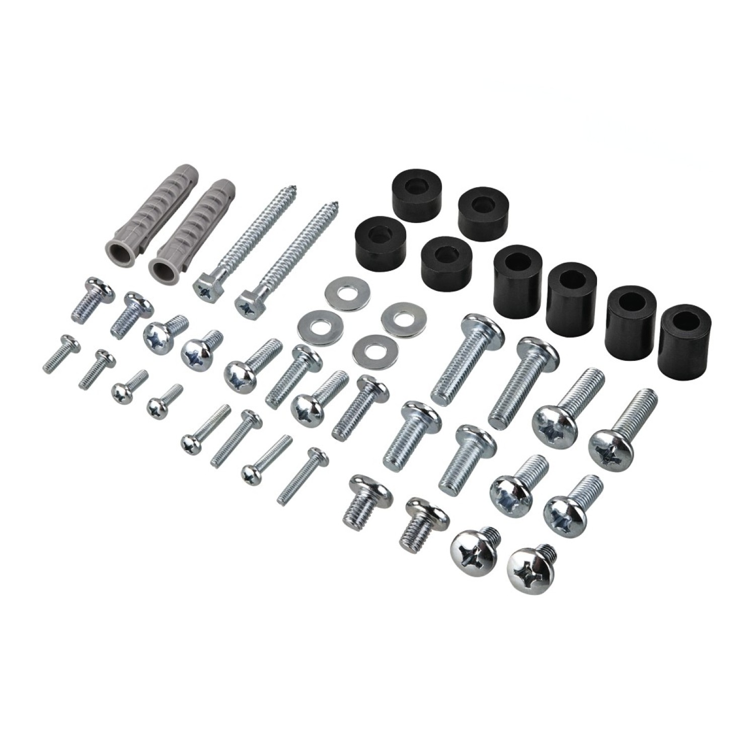 Verschiedene Hardware-Artikel auf weißem Hintergrund: Schrauben, Bolzen, Unterlegscheiben, Dübel und schwarze zylindrische Abstandshalter.