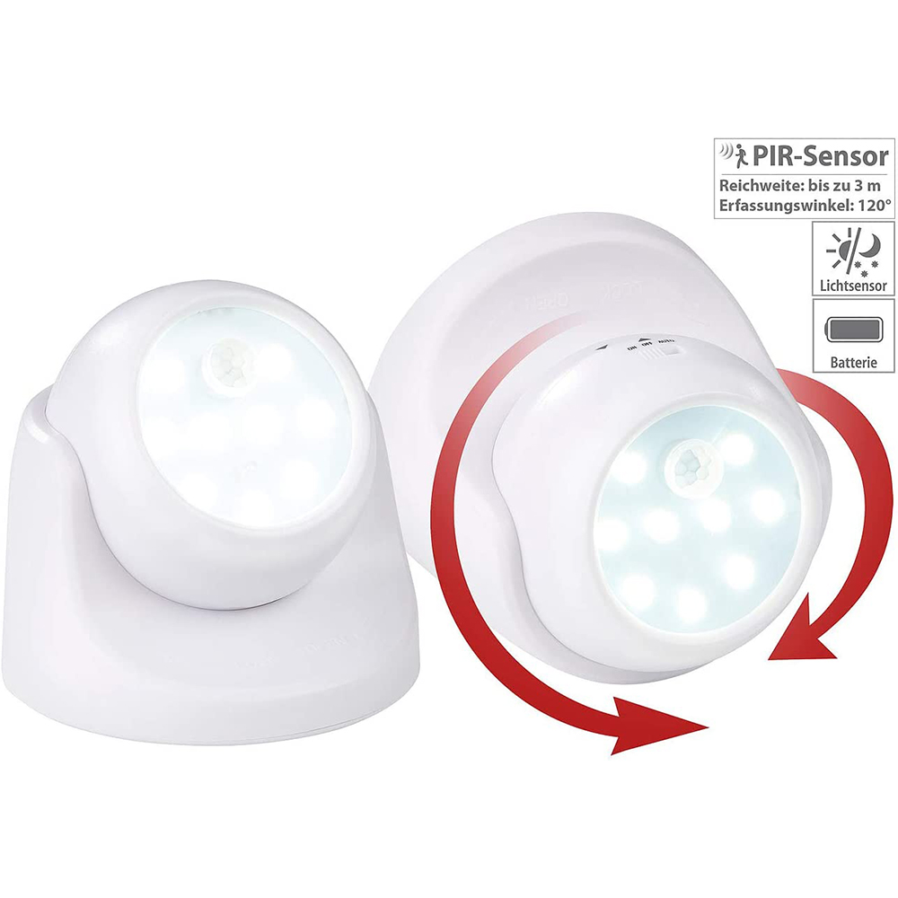 Zwei weiße LED-Leuchten, eine auf einem Ständer, die andere abgewinkelt. Text rechts zeigt PIR-Sensor, Lichtsensor und Batterie.
