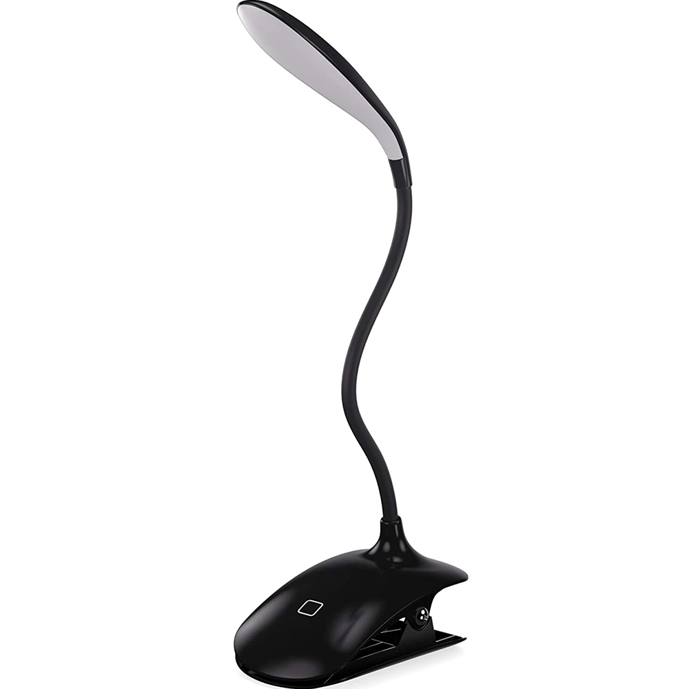 Eine schwarze Schreibtischlampe mit Clipfuß. Sie hat einen flexiblen Hals und ein weißes LED-Licht.