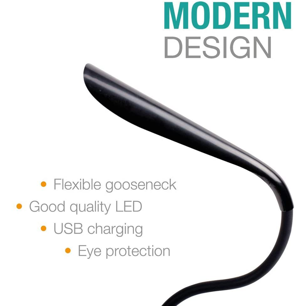 Eine moderne Designlampe mit flexiblem Schwanenhals, LED, USB-Aufladung und Augenschutz. Schwarze Farbe, weißer Hintergrund.