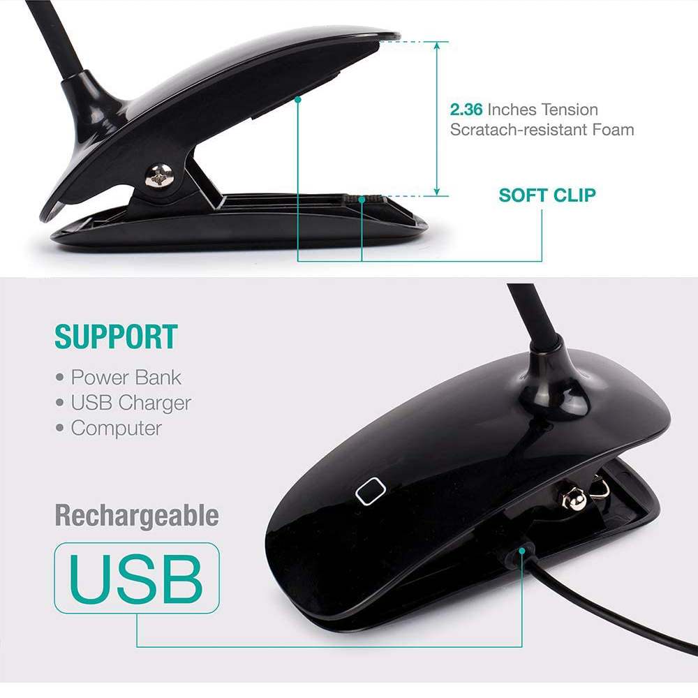 Eine schwarze Klemmleuchte mit der Aufschrift 'USB wiederaufladbar'. Text weist auf Unterstützung für Powerbank, USB-Ladegerät und Computer hin.